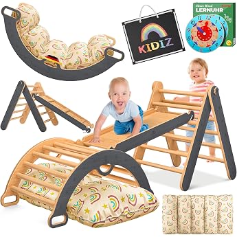KIDIZ  climbing frame Montessori 7in1 play set with climbing arch slide climbing triangle made of wood including pillow board & learning clock indoor playground for small children from 1 year & children up to 3 years