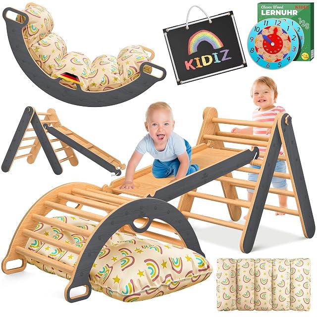 Kidiz® Juego de escalada Montessori 7en1 con arco de escalada, tobogán, triángulo de escalada de madera…