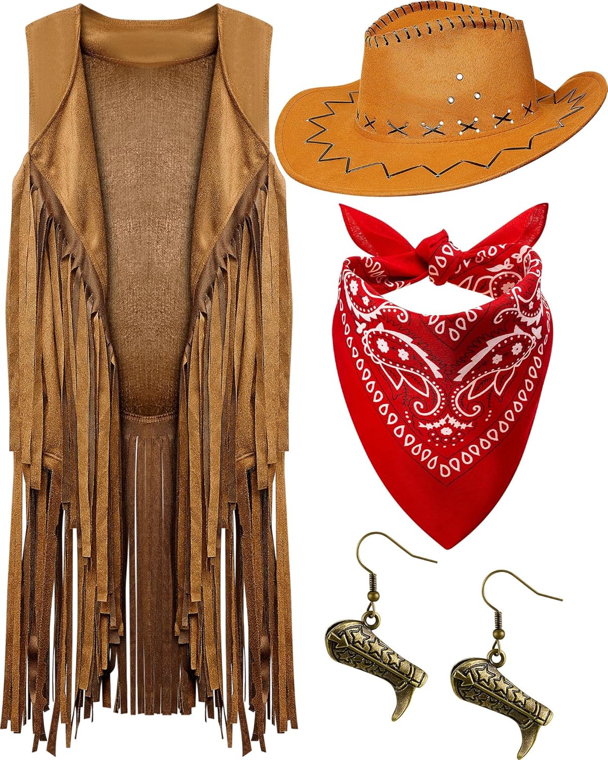 Jecery 4 Pieces Halloween Western Cowgirl Outfits Set,60s 70s Hippie Costume,Cowgirl Cosplay Fringe Vest Bandana Cowboy Hat