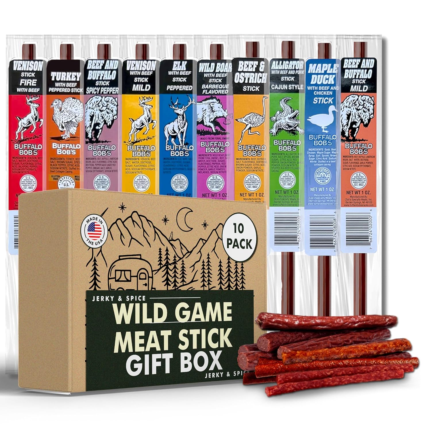 Jerky-n-Spice Wild Game Meat Sticks (10-Pack) | Ultimate Exotic Snacks | Beef Jerky Gifts for Men | Delicious Jerky Variety Pack Ideal for Anniversary, Camping, Hunting & Birthday Events