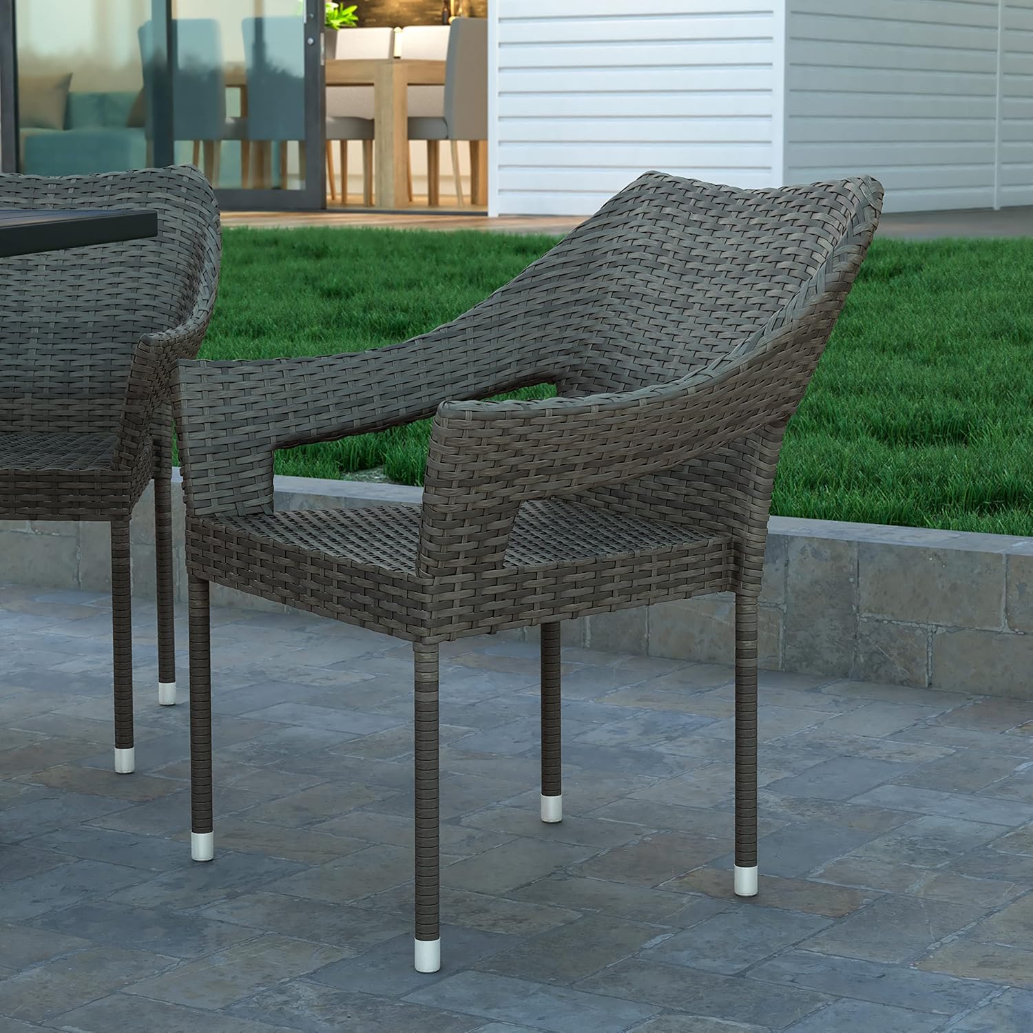 EMMA + OLIVER Embry Patio Dining Chair - PE Rattan with Steel Frame - All Weather Materials - No Assembly Required - Gray