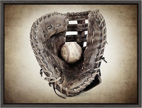DesignOvation Sylvie Vintage Baseball Glove Framed Canvas Wall Art by Shawn St. Peter, 18x24 Gray, Sports-Themed Home Decor