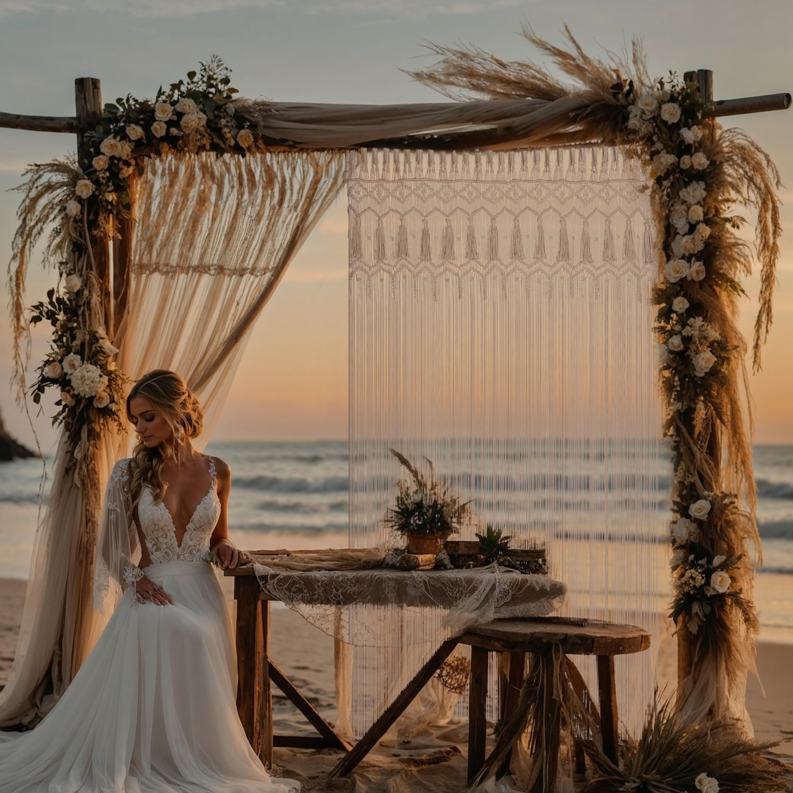 Cozyor Makramee Boho Vorhang Türvorhang Fenstervorhang 132x200cm als Raumtrenner, Wandbehang & Deko beige, für Traubogen, Hochzeit, Wohnzimmer, Balkon Handmade