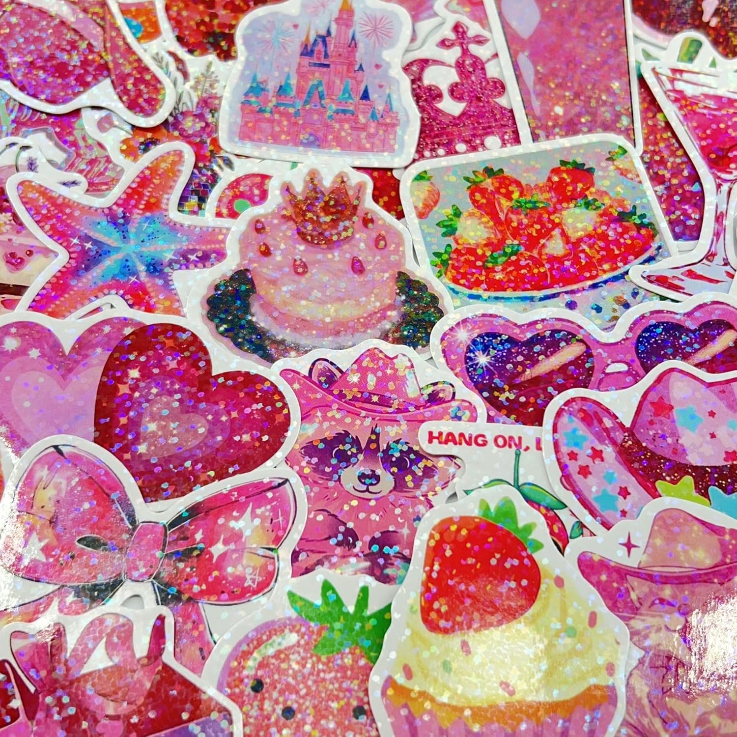 Cute Pink Aesthetic Flash Film Stickers for Women, 50PCS Cool Trendy Y2K Waterproof Stickers for Water Bottle,Laptop,Scrapbook, Funny Rose Pink Decals for Adults, Party Supplies image 3