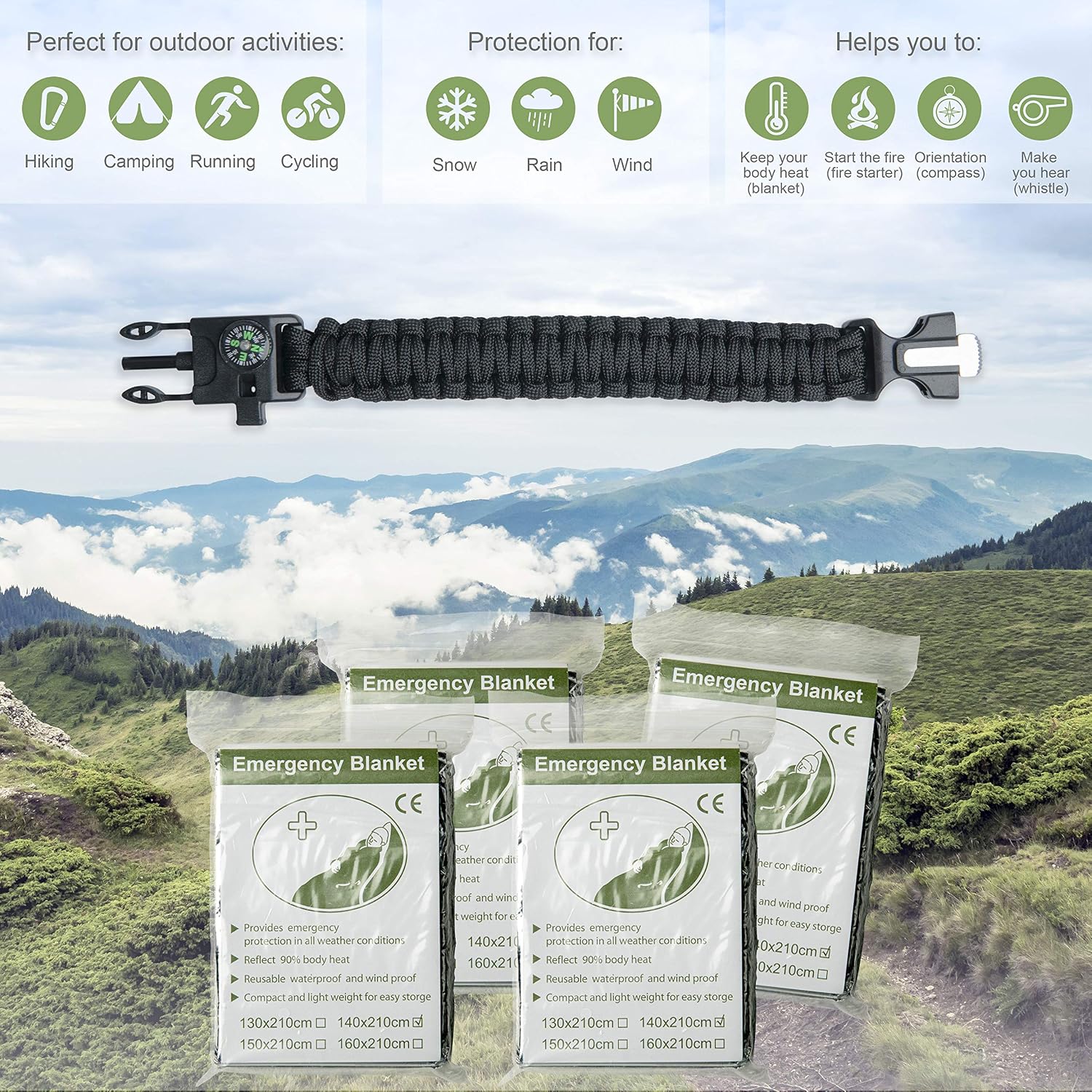 Q's INN Bivy Sack Emergency Sleeping Blanket Compact and Lightweight Bag. Use as Survival Sleeping Bag Mylar Survival Blanket. Water and Wind Proof Includes Whistle, Paracord Bracelet