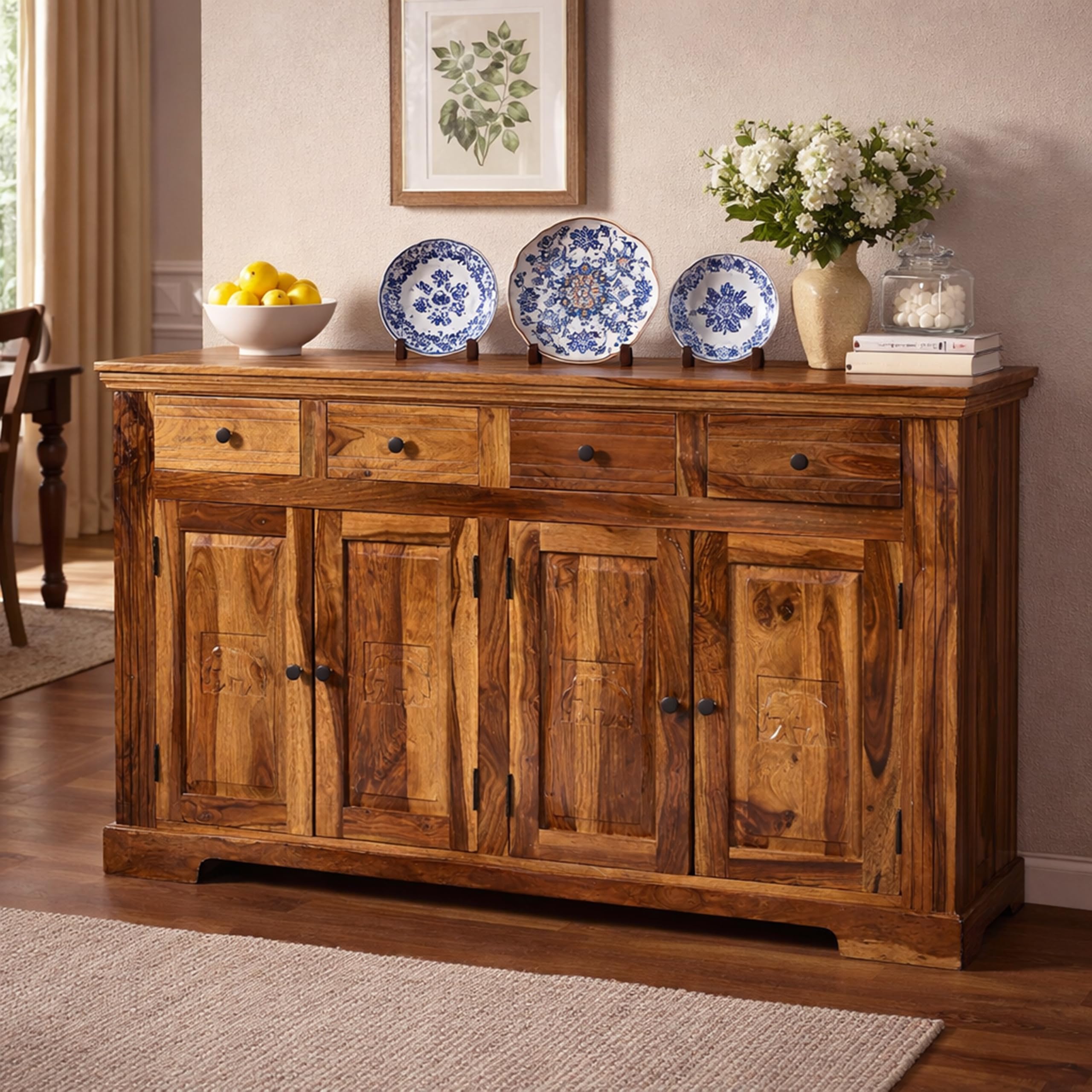 Solid Wood Sideboard with 4 Drawers and 4 Doors | Natural Wood Finish, Ample Storage-image-0