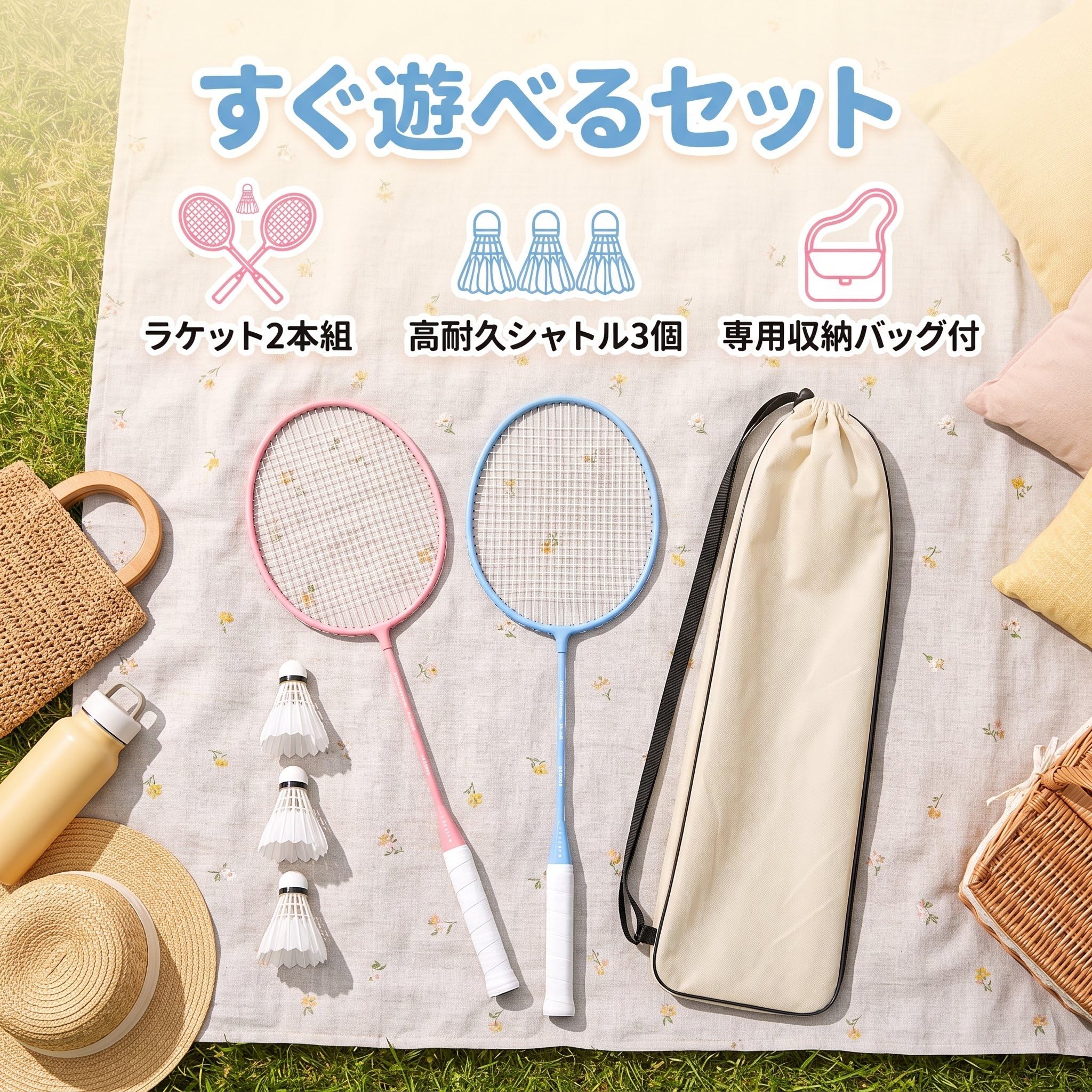 Set Racchetta da Badminton per Principianti, Adulti e Bambini, con Volano e Borsa, per Giochi all'Aperto, Telaio in Lega di Ferro