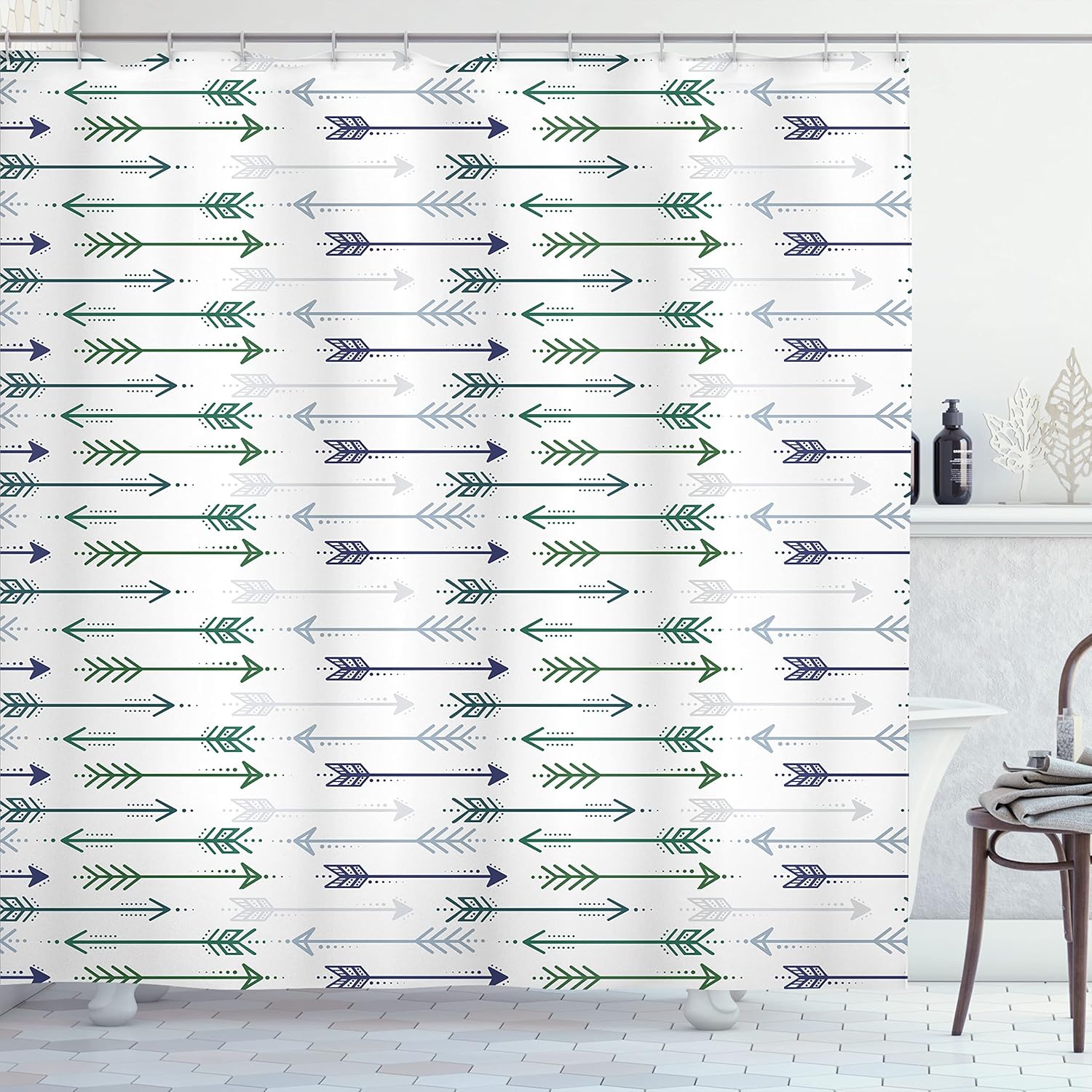 Ambesonne Boho Shower Curtain, Retro Arrow Pattern in Horizontal Line Heading to Opposite Directions Art, Cloth Fabric Bathroom Decor Set with Hooks, 69" W x 70" L, Blue Green