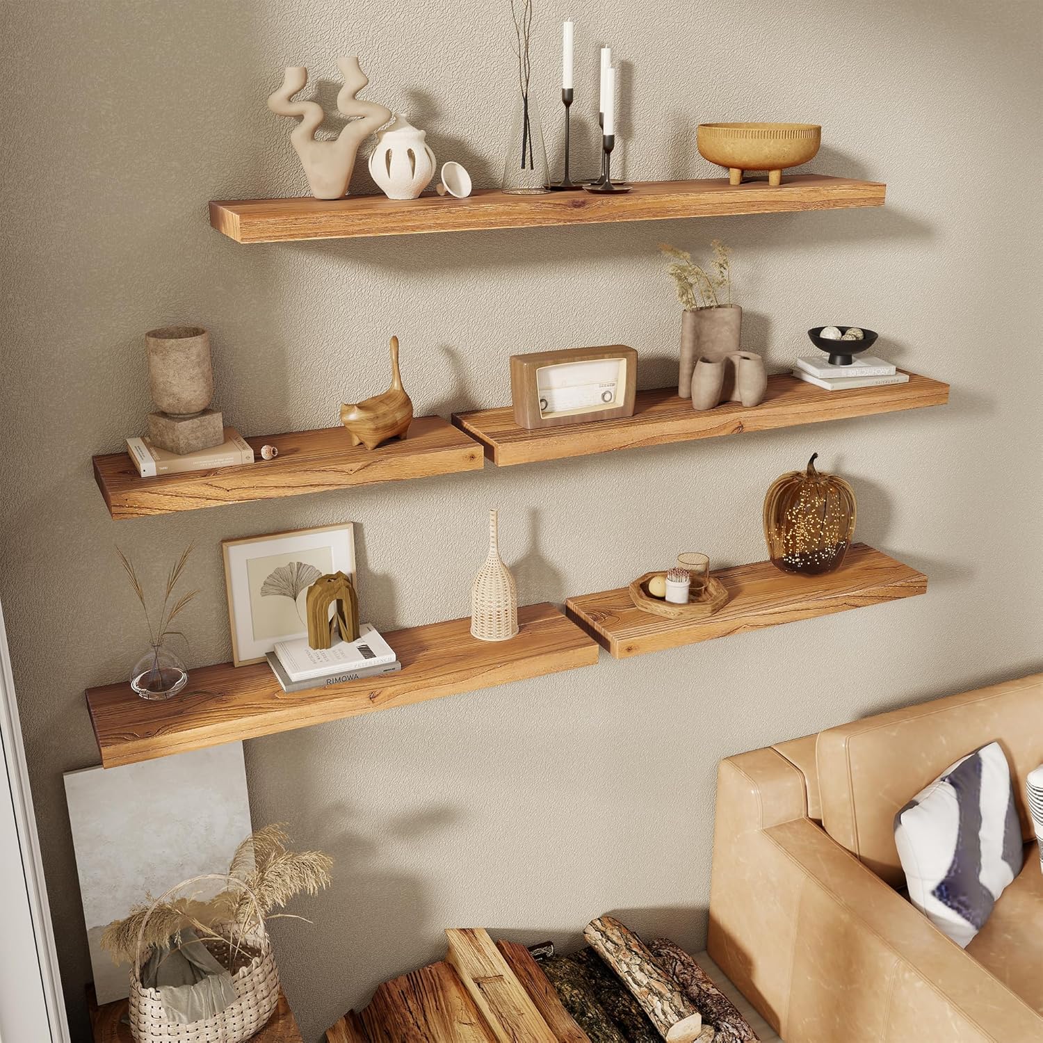 30 Inch Floating Shelves for Wall, 8"D High End Solid Hardwood Shelves for Decor Storage, Rustic Wall Shelves with Invisible Heavy Duty Brackets for Living Room, Kitchen, Bathroom, Natural, 2 Pack