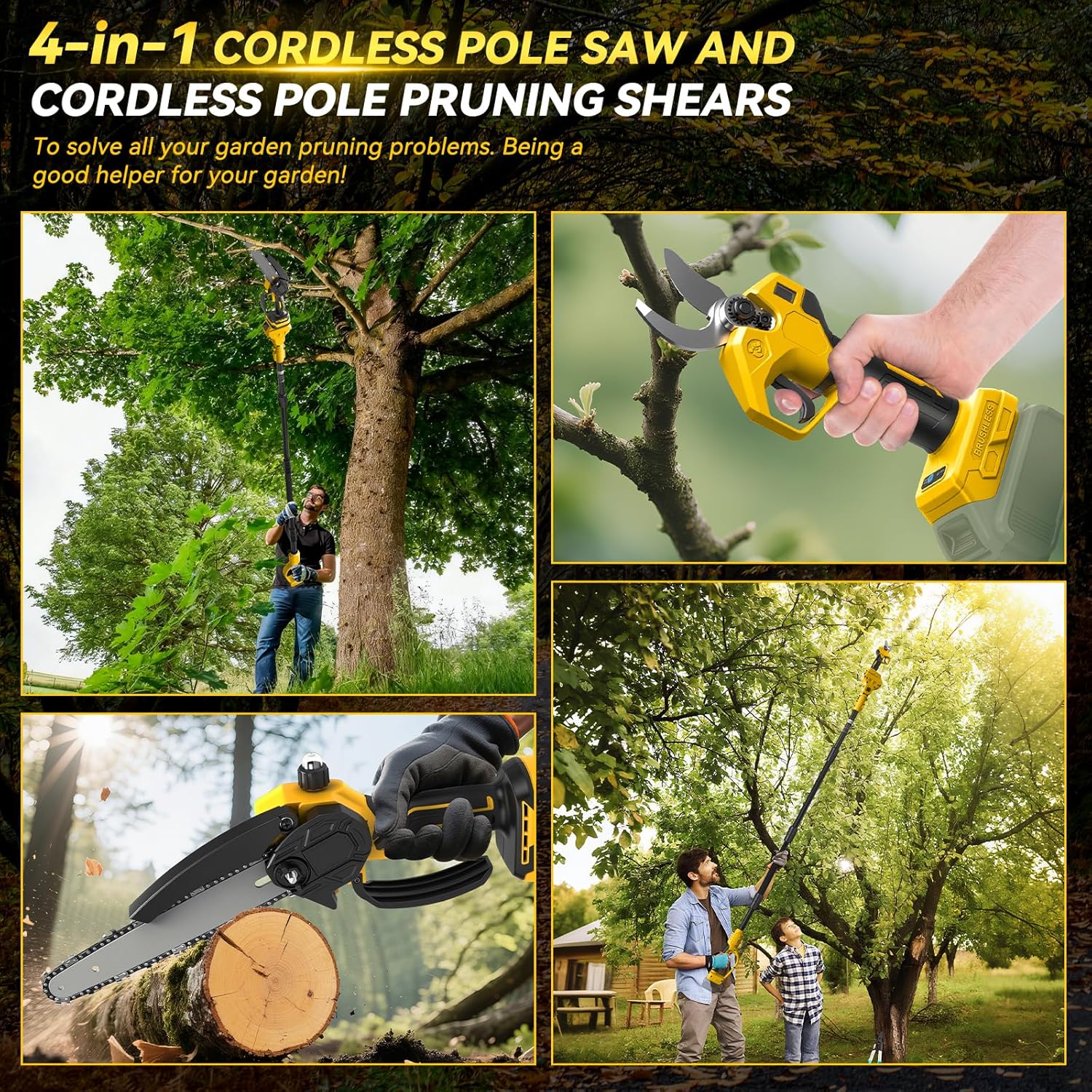 8 Inch Mini Chainsaw with Extension Pole and 30 mm Electric Secateurs Compatible with Dewalt 20V Battery, 4-in-1 Garden Tool Set Maximum Range up to 4.57 m for Tree Trimming Pruning (No Battery)