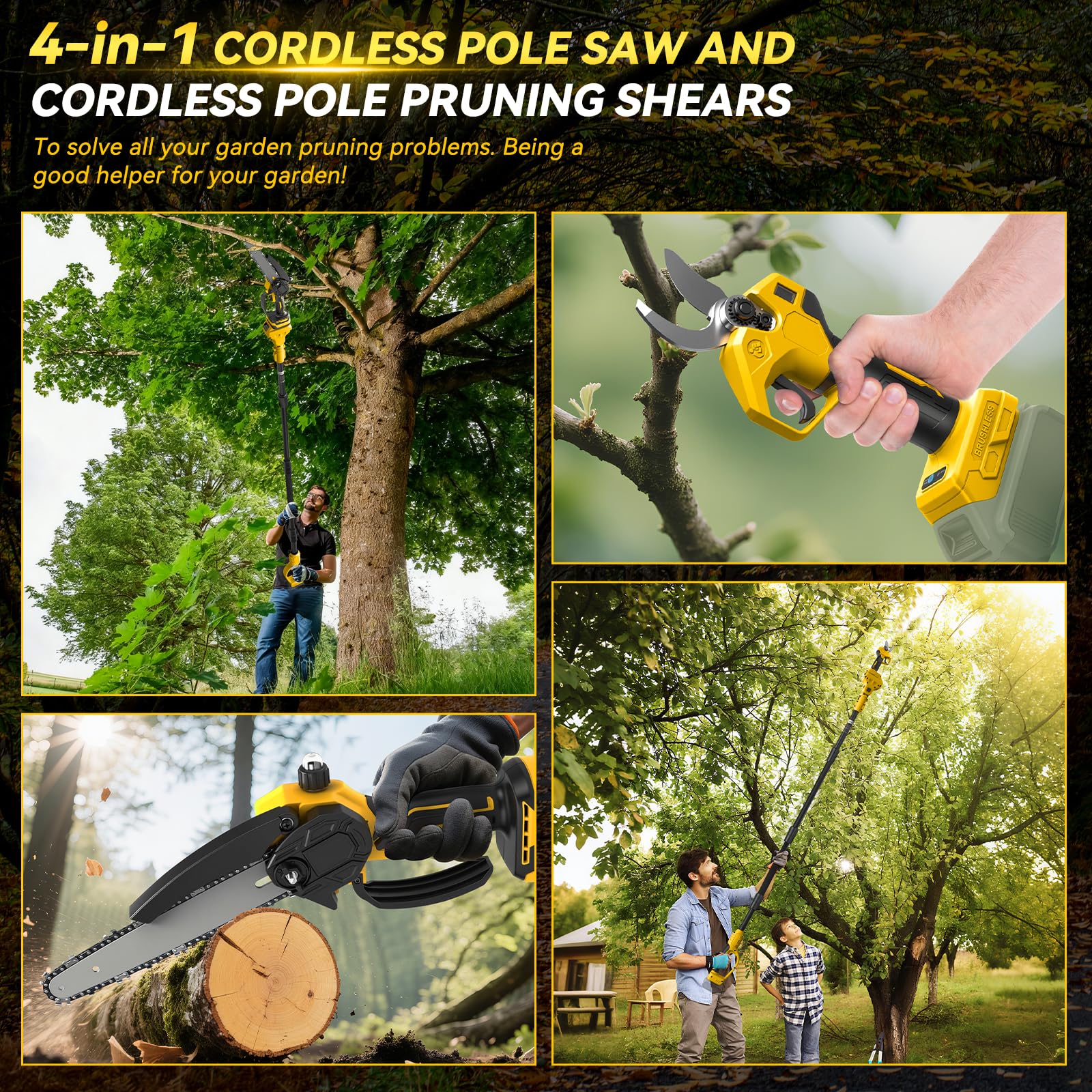 Mini Tronçonneuse 8 pouces et Sécateur électrique 30 mm Compatible avec DeWalt 20V, Generic Kit d'outils de jardinage 4 en 1, Portée 4,57 m pour élagage des arbres, Avec rallonge (Sans batterie)