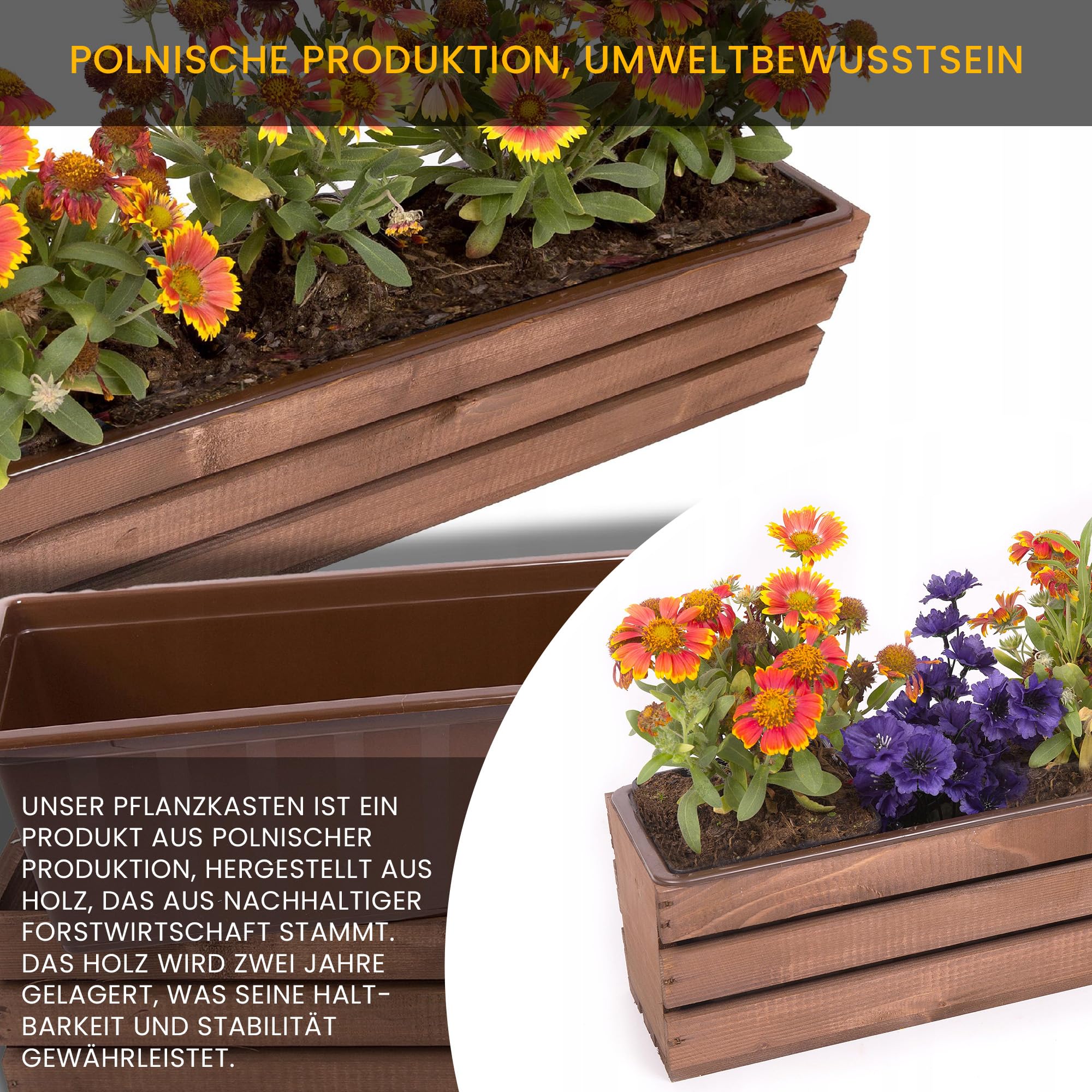 ECODECO Cassetta di Legno per Piante - Fioriera da Esterno con Inserto in Plastica - Vaso Rettangolare 18x60x15 cm per Balcone e Giardino - Contenitore Robusto Marrone