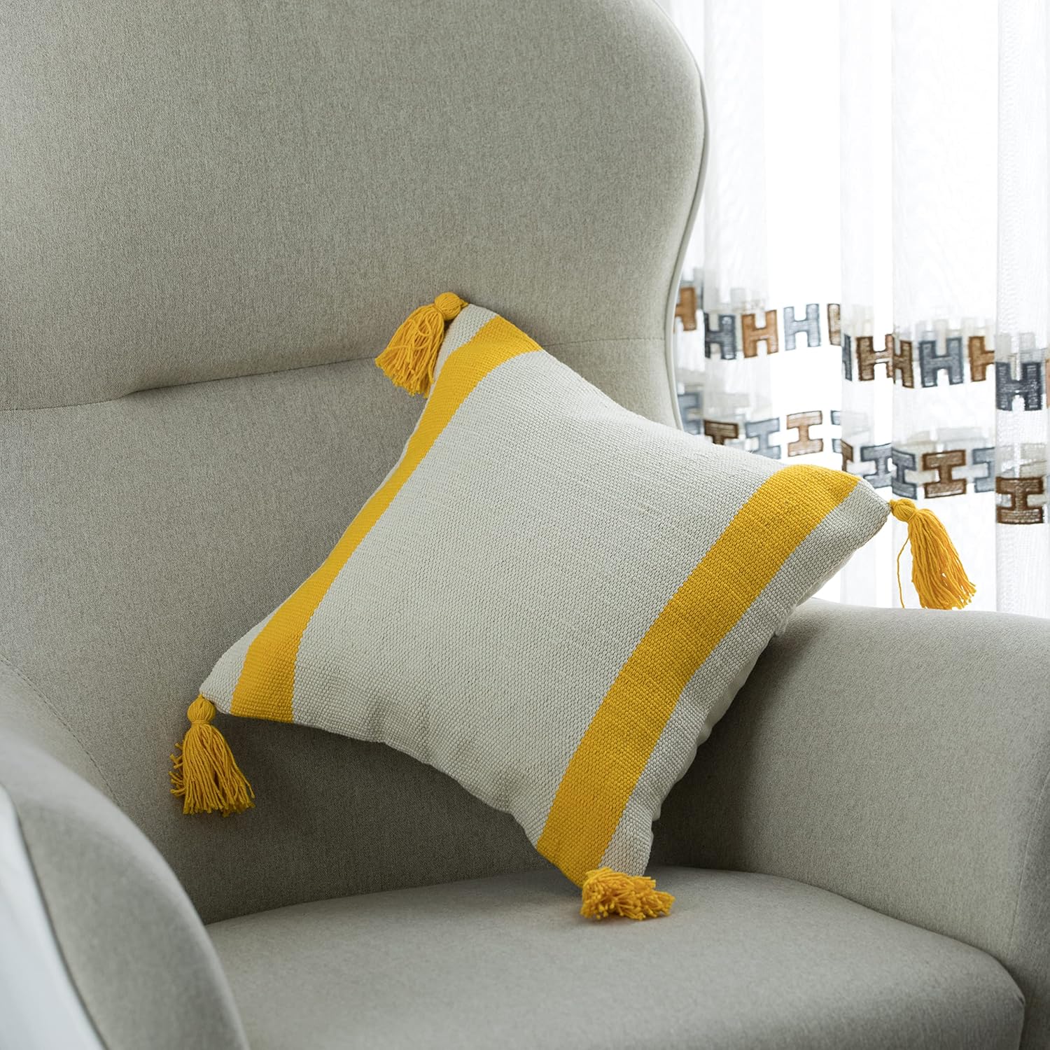 Deerlux 16" Handwoven Cotton Throw Pillow Cover with Side Stripes, Yellow