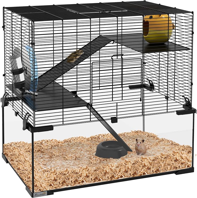 Large Hamster Cage with Deep Tempered Glass Bottom, 3 Tiers Hamster Tank with Running Wheel, Hut, Water Bottle, Dish, Rat Cage for Syrian, Dwarf, Gerbils, Mouse, 23.5" x 16" x 22.5", Black | 3 Tiers Hamster Tank, Running Wheel, Hut, Water Bottle, Dish, Rat Cage for Syrian, Dwarf, Gerbils, Mouse