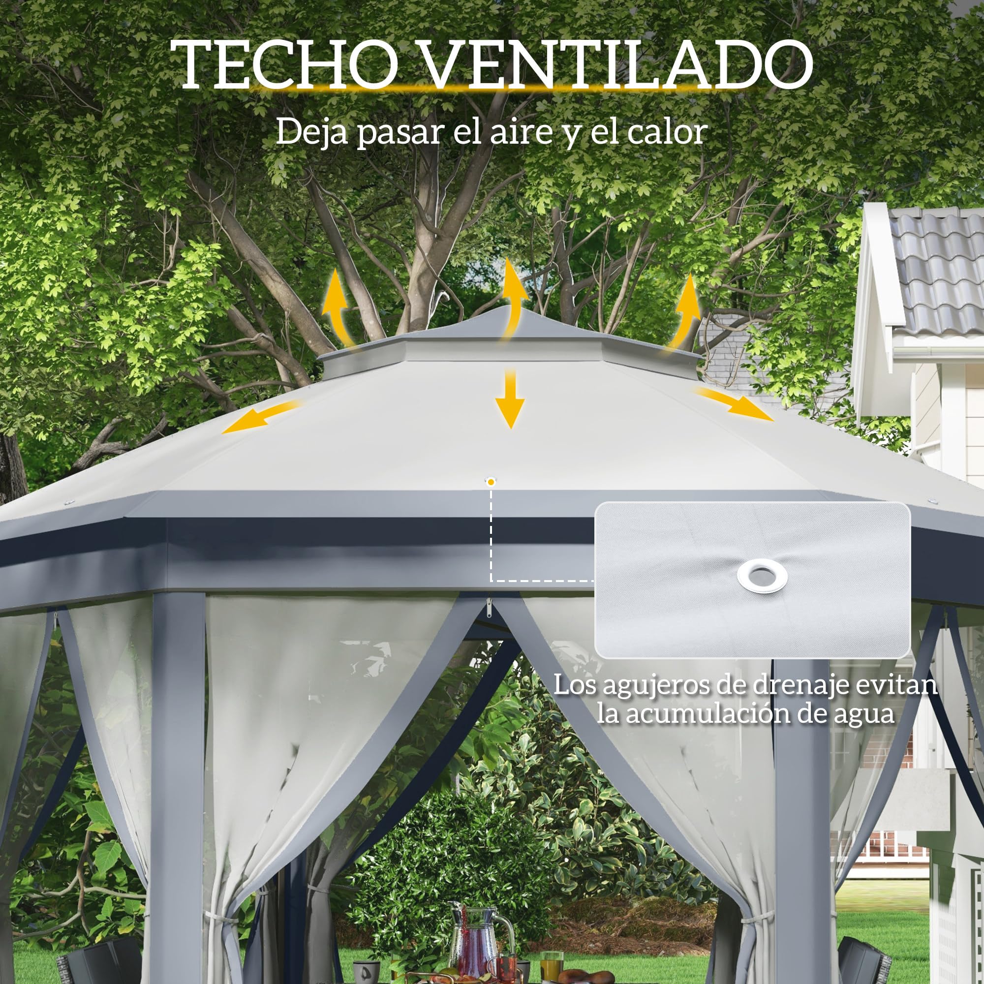 Outsunny Carpa Plegable 4x3,4 m, Cenador de Jardín Hexagonal con Doble Techo, 6 Mosquiteras Extraíbles y Bolsa de Transporte, Impermeable, Anti-UV para Exterior, Fiestas, Gris