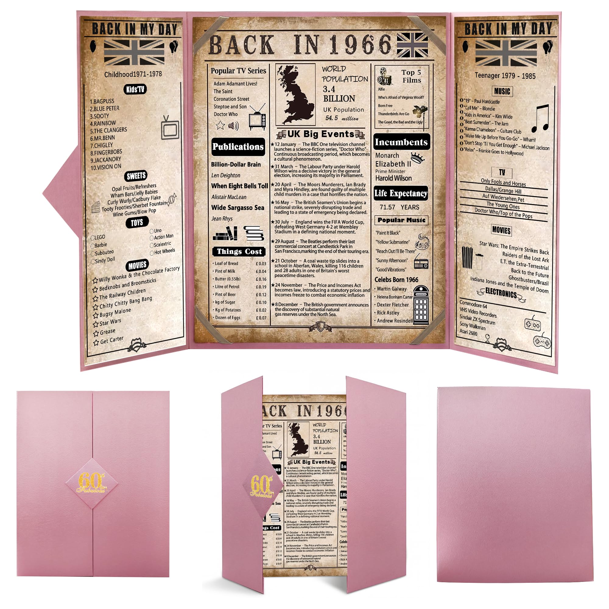 Back In Women's Pink1966 1966 60Th Birthday Gifts For - Large Trifold 60Th Birthday Card & Table Centrepiece - Pink 60 Year Birthday Decorations For Mum Sister Friend - 1966 Poster No Frame Needed