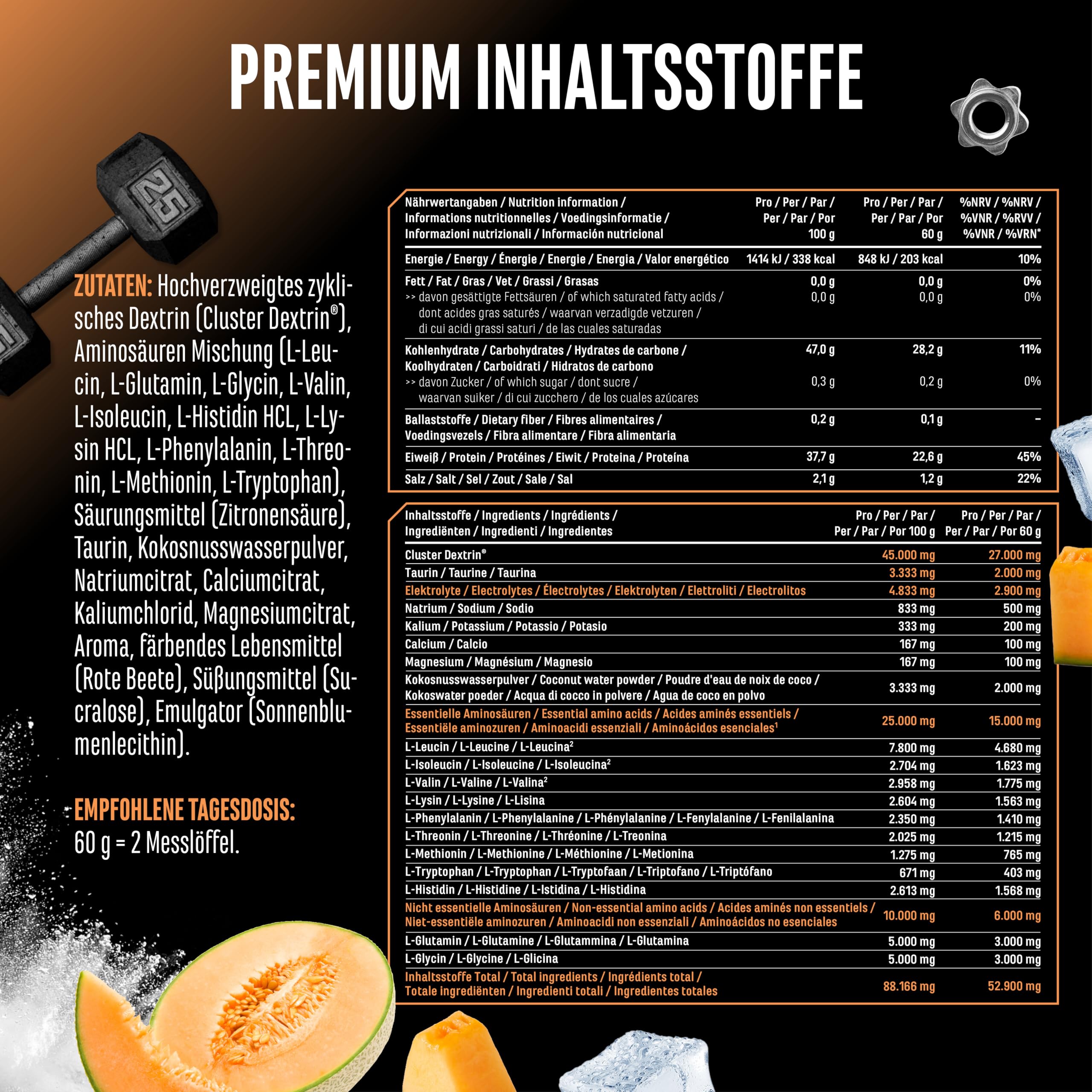 Intra Charge Workout Drink 1,2kg - Hochdosierter Komplex mit Cluster Dextrin®, allen 9 essentiellen EAAs & BCAAs, L-Glutamin, L-Glycin, Taurin, Elektrolyte Matrix - vegan (Honigmelone)