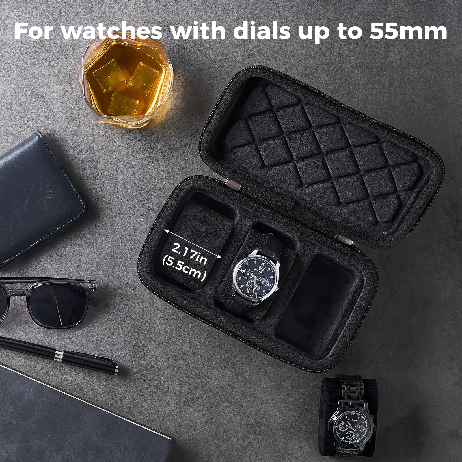 ProCase Porta Orologi da Viaggio con 3 Slot - Custodia Rigida Organizer per Bracciali e Accessori, Borsa con Cerniera per Uomo e Donna, Nero