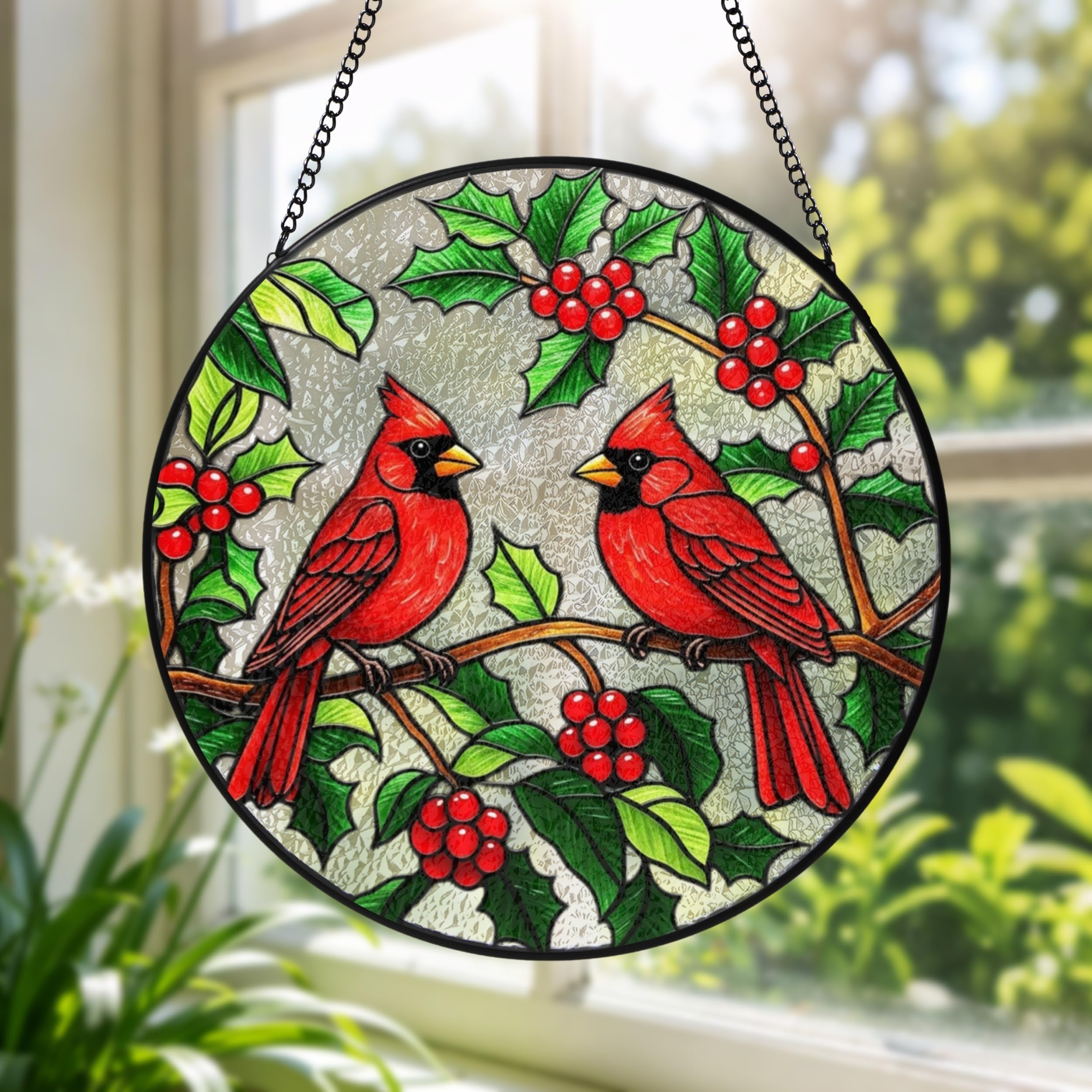 Pair of Red Cardinals with Holly Berries Stained Glass Suncatcher, Bird Window Hanging, Winter Garden Decor, Sun Catcher for Nature Lovers, Gift for Women, Men, Seasonal Wall Art Autumn 7.9IN