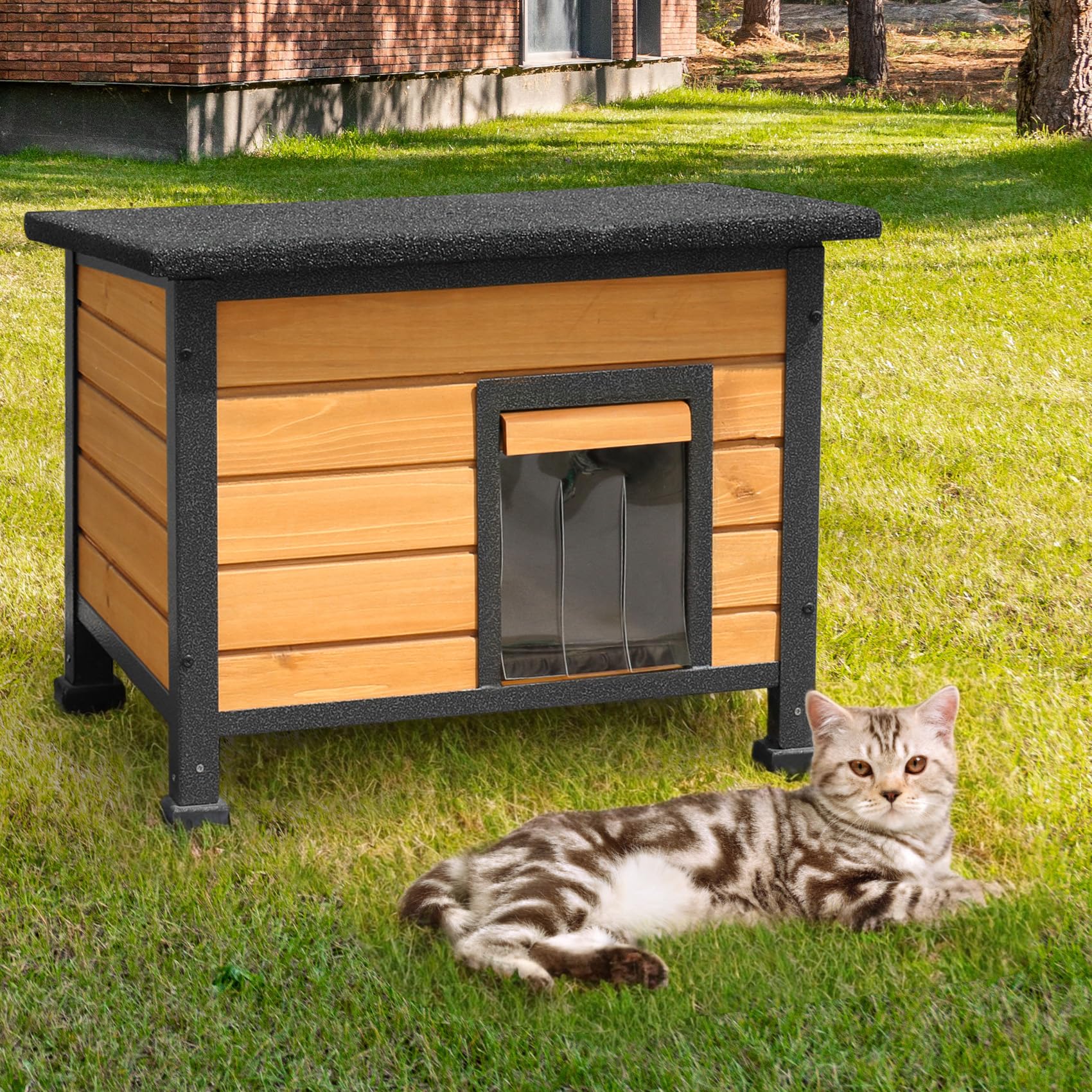 X-ZONE-PET Outdoor Heated Cat House for Cat, Wooden Kitten Condo with Insulated Liner for Winter, Rainproof Outside Kitty House, Waterproof Roof, Indoor and Outdoor use for Dog,Rabbit and Small Animal