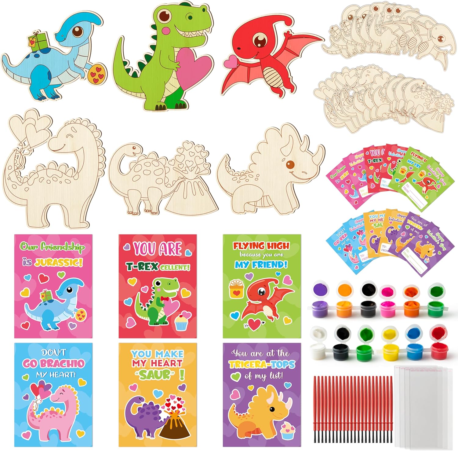 CJiangpo Valentine’s Day Gifts for Kids - 24 Pack Dinosaur Wood Painting Craft Kits, Valentines Cards with Watercolor Paint Bulk, Color Your Own Painting Craft Kids Classroom Exchange Gift Party Favor