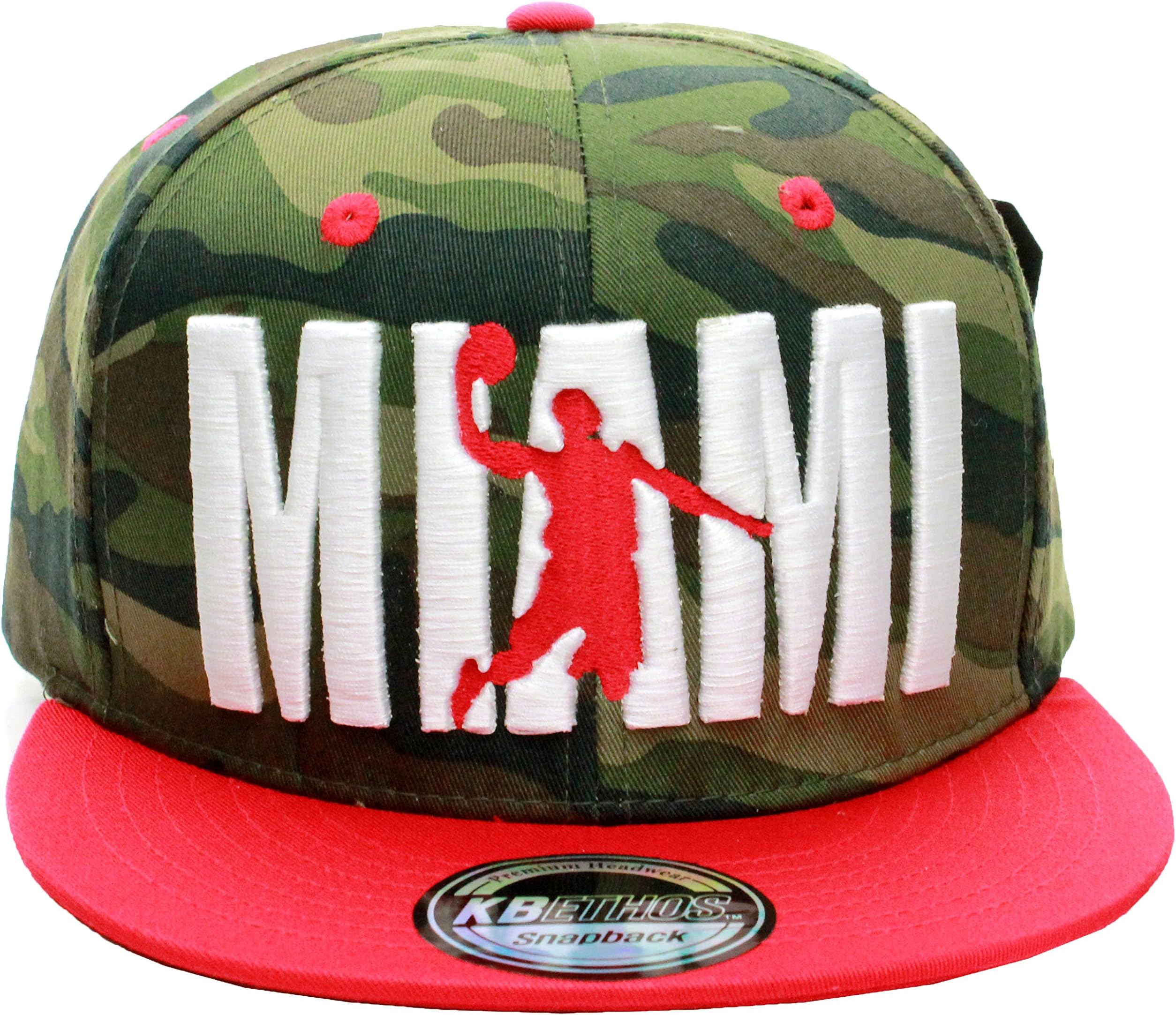 American Cities Miami Flat Visor Bill Ball Player Logo Snapback Hat Cap (One Size, Camo Red)