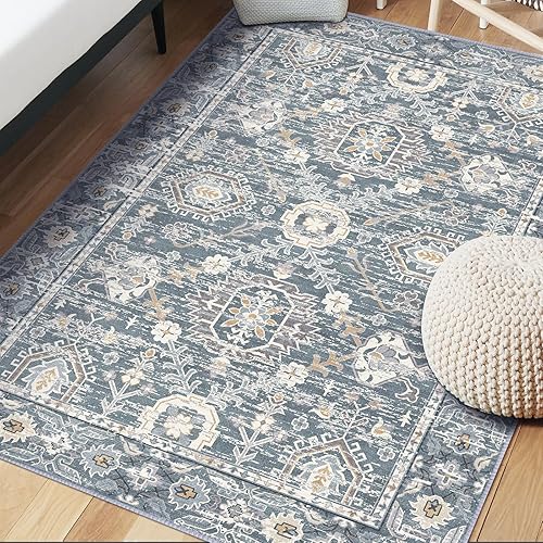 Alfombra de área de 8 x 10 pies, suave, estilo bohemio, vintage, alfombra de lana sintética envejecida, antideslizante, delgada, lavable a máquina,