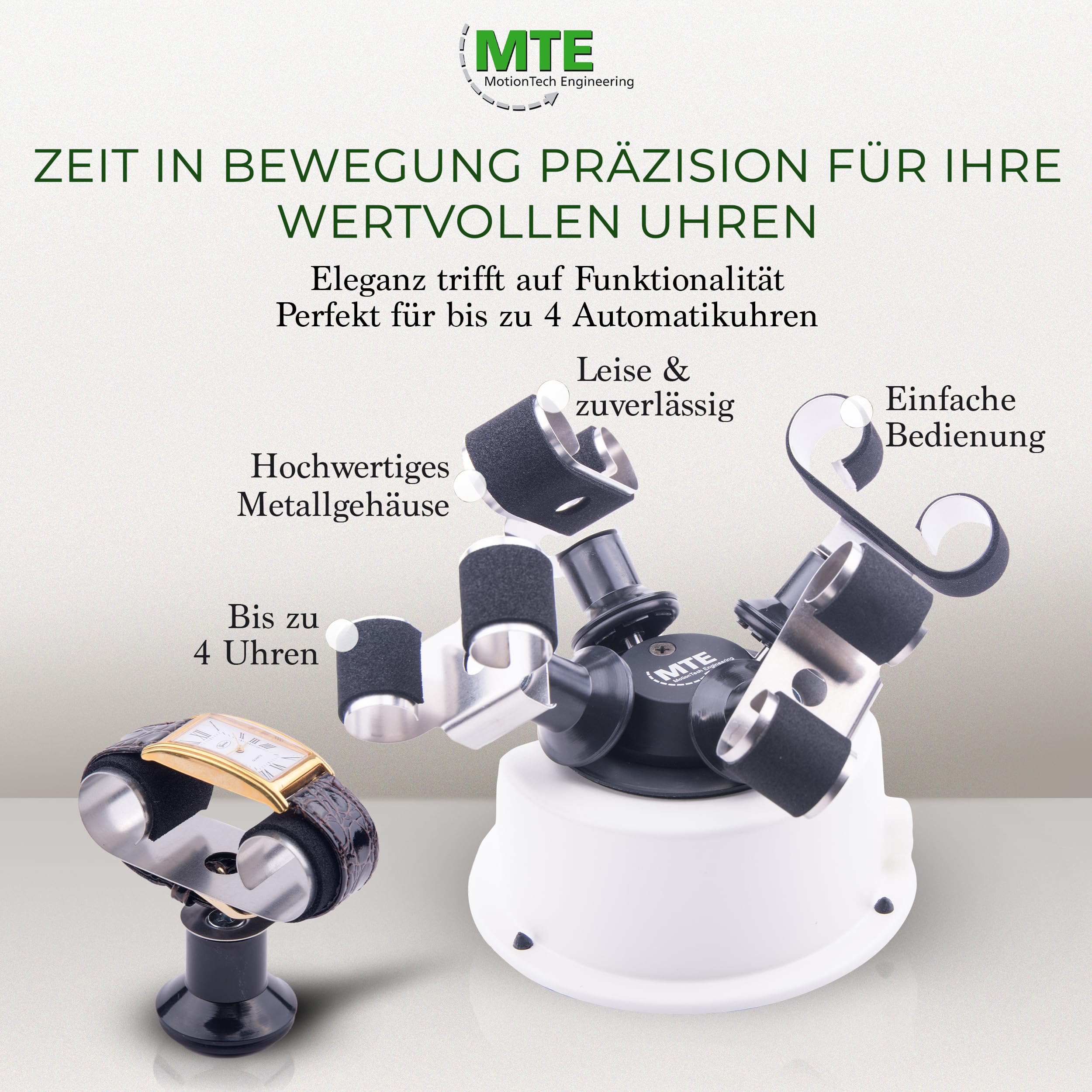 MTE Bewegungstechnik Uhrenbeweger (WTS 4 Weiß) bis zu 4 Uhren – Elektronisch gesteuerte Rotation und Pausen – Uhrenbeweger für Automatikuhren – leiser Watch Winder – Made in Germany