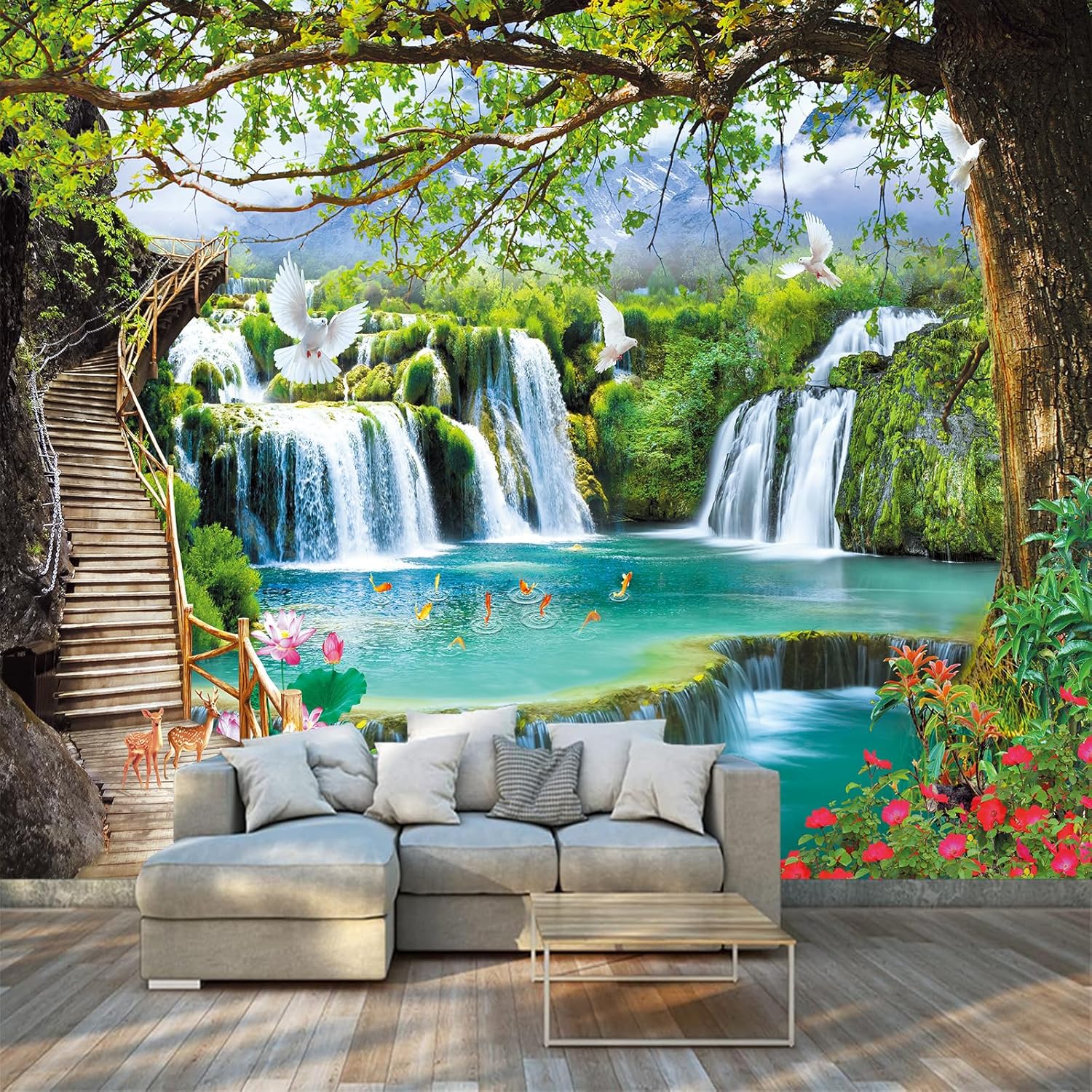 FLFK Waterfall Scenery Vinyl Wall Murals Peel and Stick 141.7"x98.4"-Self-Adhesive Wallpaper Poster Large Sticker Wall Paper for Bedroom Office Art Decor