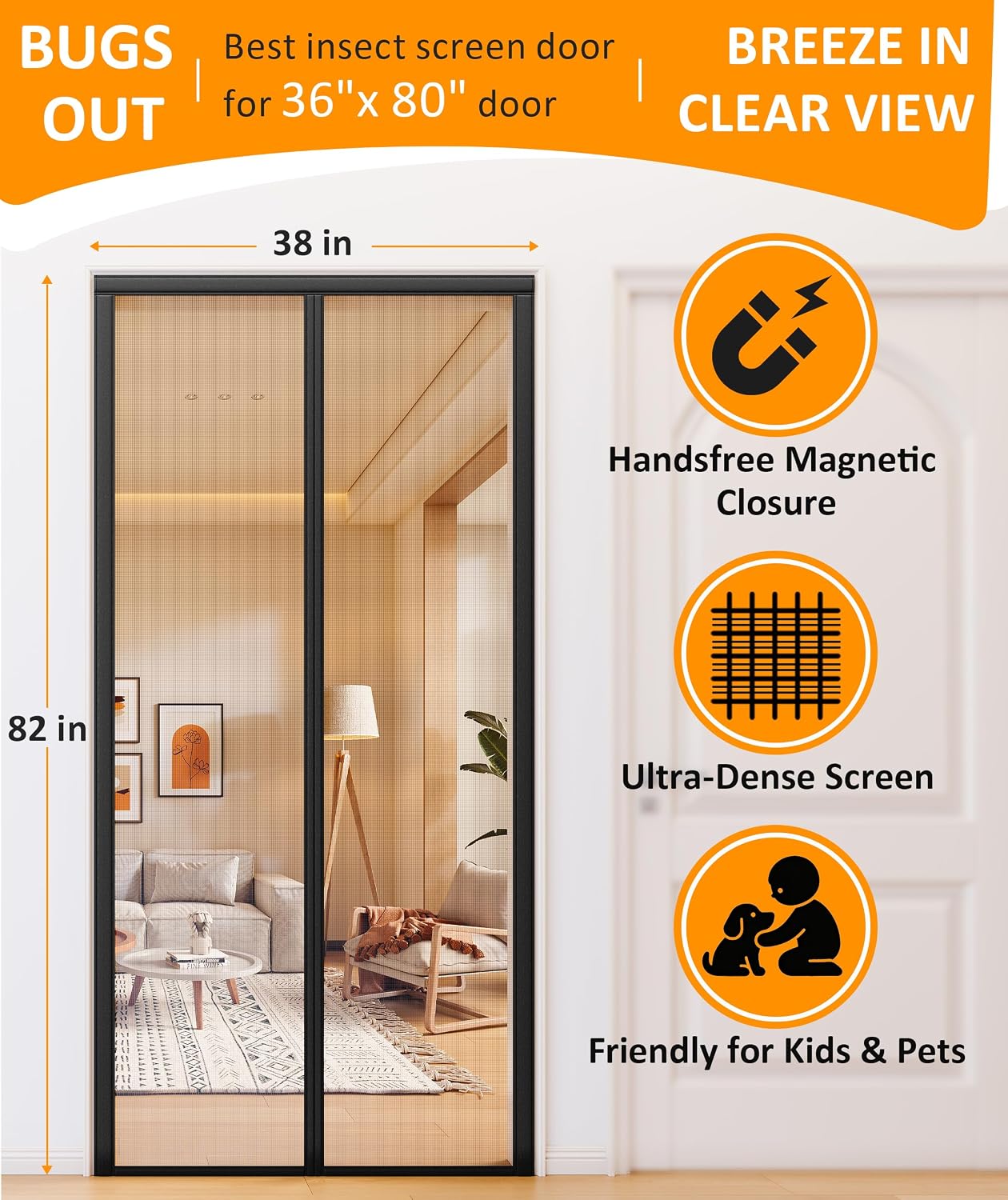 38"x82" Magnetic Screen Door, Hands-Free Auto-Closure Door Mesh, Heavy Duty | Fits 36"x 80" Sliding, Front, Patio Doors, Full-Strip-Magnet Door Mesh, Keep Bugs Out, Weighted Bottom, Pet & Kid Friendly
