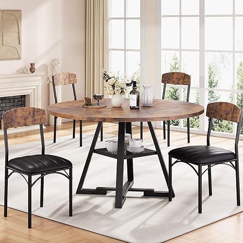 Miniatura 8 de Juego de mesa de comedor para 4, mesa de cocina y sillas para 4, mesa de comedor redonda con sillas tapizadas, 5 piezas circulares de madera que