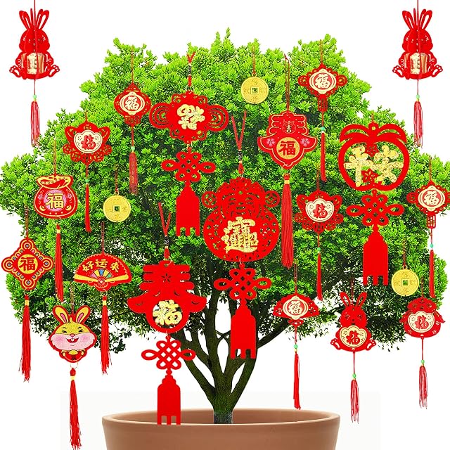 35Pcs Chinese New Year Decorations, JUNEBRUSHS 2023 Chinese Knot Pendant Red Hanging Ornaments for New Year Home Office Car Tree Spring Festival Pendants Chinese Party Decorations