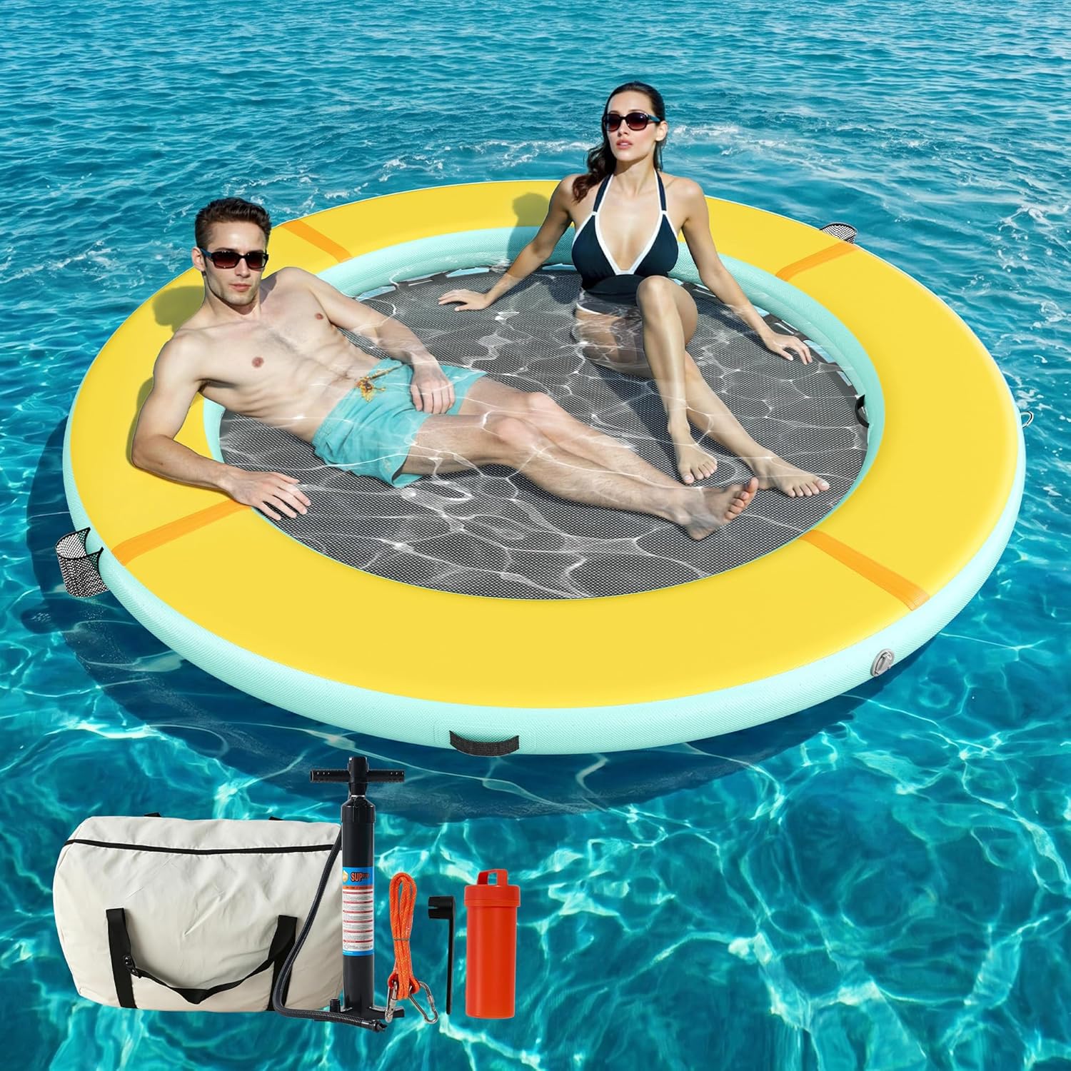 Albott Inflatable Water Hammock Float with Soft Ladder, Cup Holders and Mat Center, Round & Hexagon Lake Raft for 4–10 People, Heavy Duty PVC Pool Float for Summer Party & Family Fun