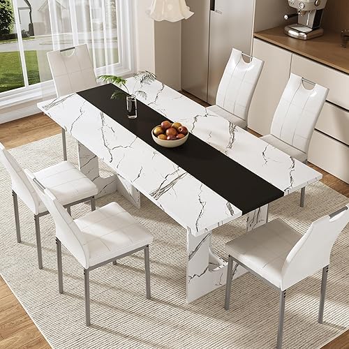 St.Mandyu Juego de mesa de comedor y sillas de 7 piezas para 4-8 personas, mesa de cocina de 71 pulgadas con 6 sillas, mesa de comedor rectangular