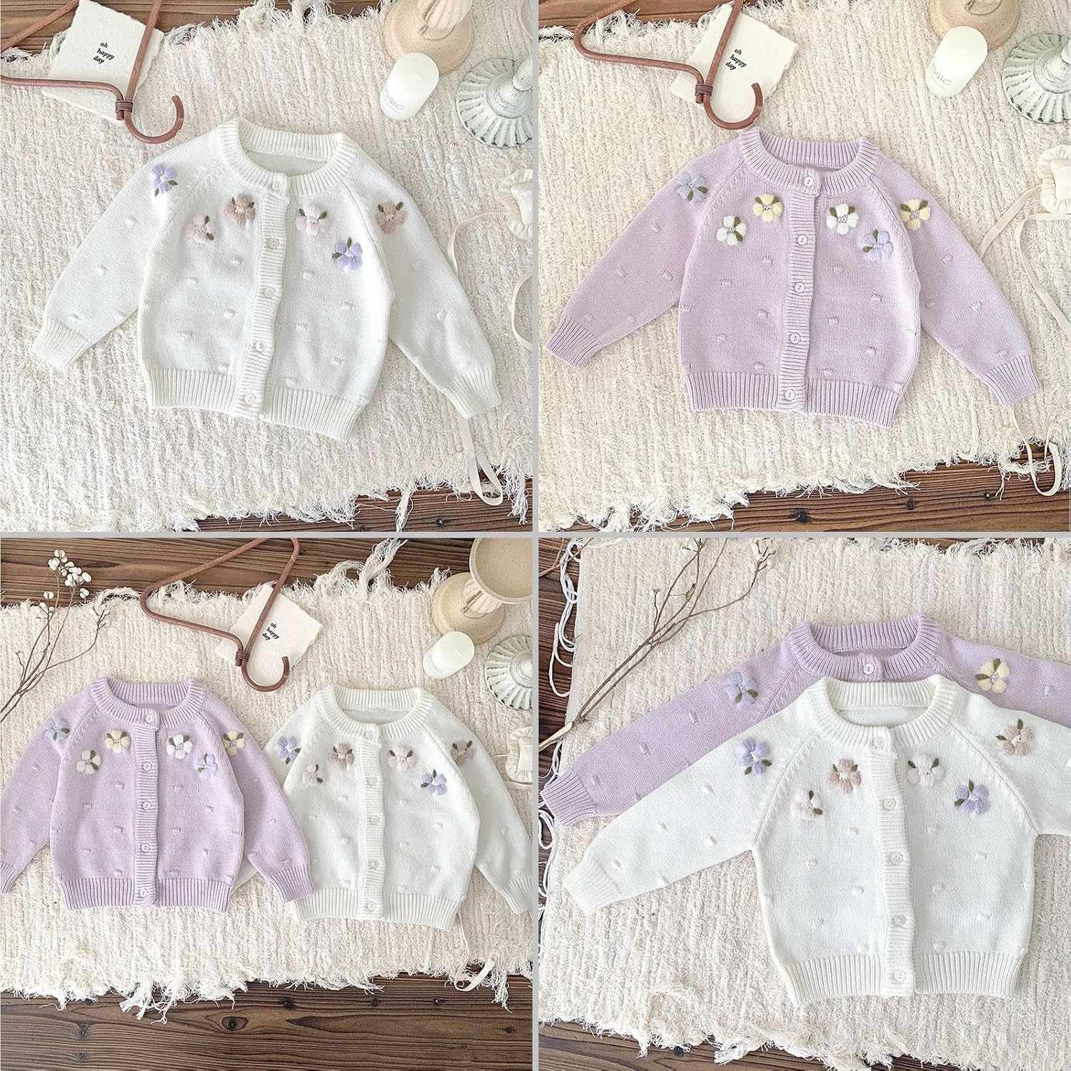 Simplee kids Baby Girl Knit Cardigan Sweater Cream Cotton Autumn Coat - Image 3