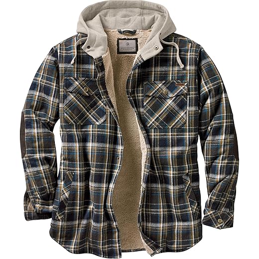 Legendary Whitetails Men's Standard Camp Night Berber Lined Hooded Flannel Shirt Jacket, Upland Plaid, Large