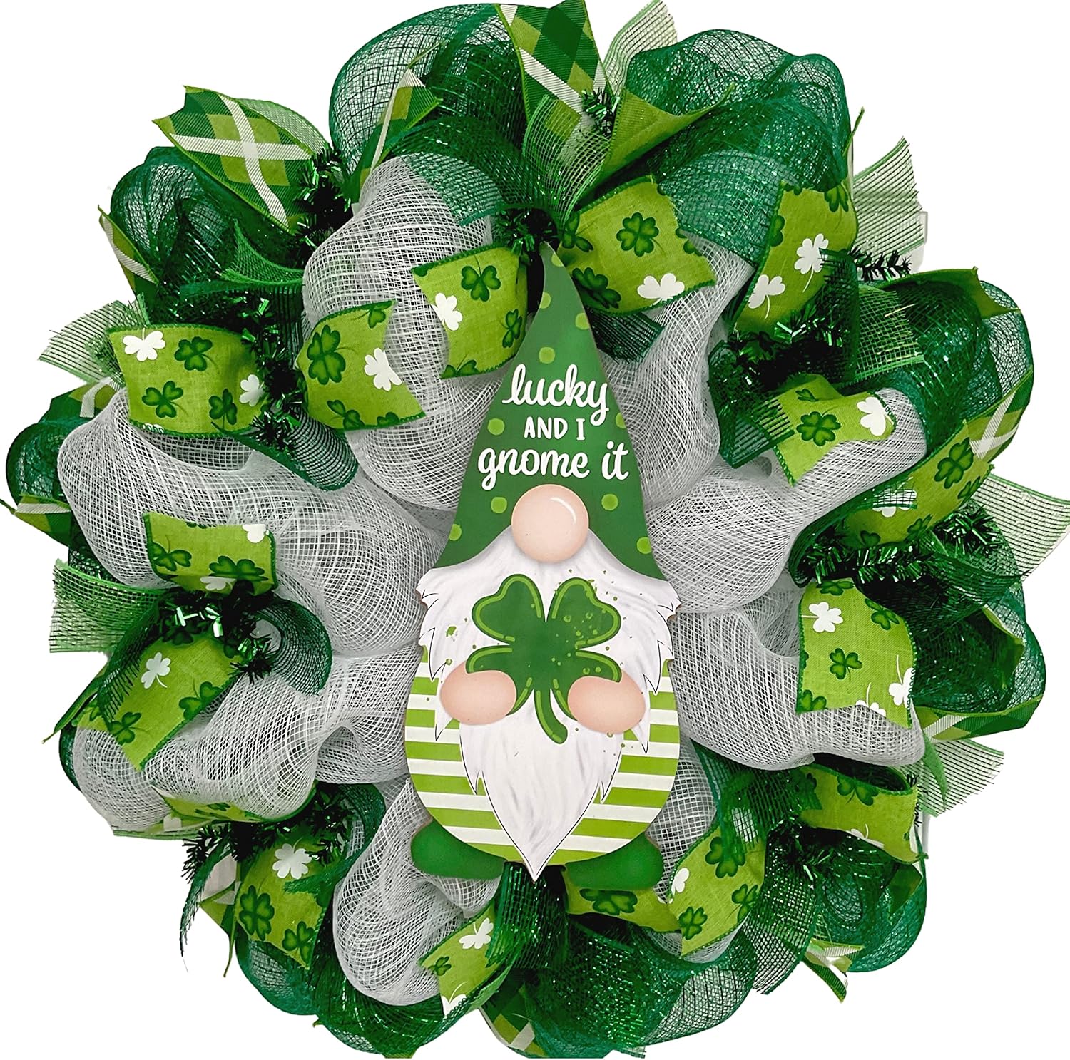 Luxury Handmade St. Patrick’s Day Deco Mesh Wreath –Lucky and I Gnome it Front Door Decor, 24" or 28"