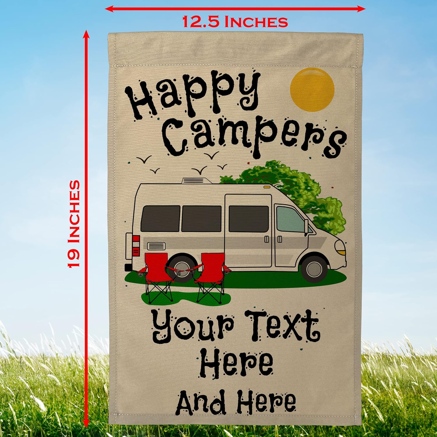 Personalzied Camping Flag Features Uncolored (represents white) Class B Motor Home Graphic with Happy Campers and 3 Additional Lines of Your Custom Text, Printed on Tan Fabric