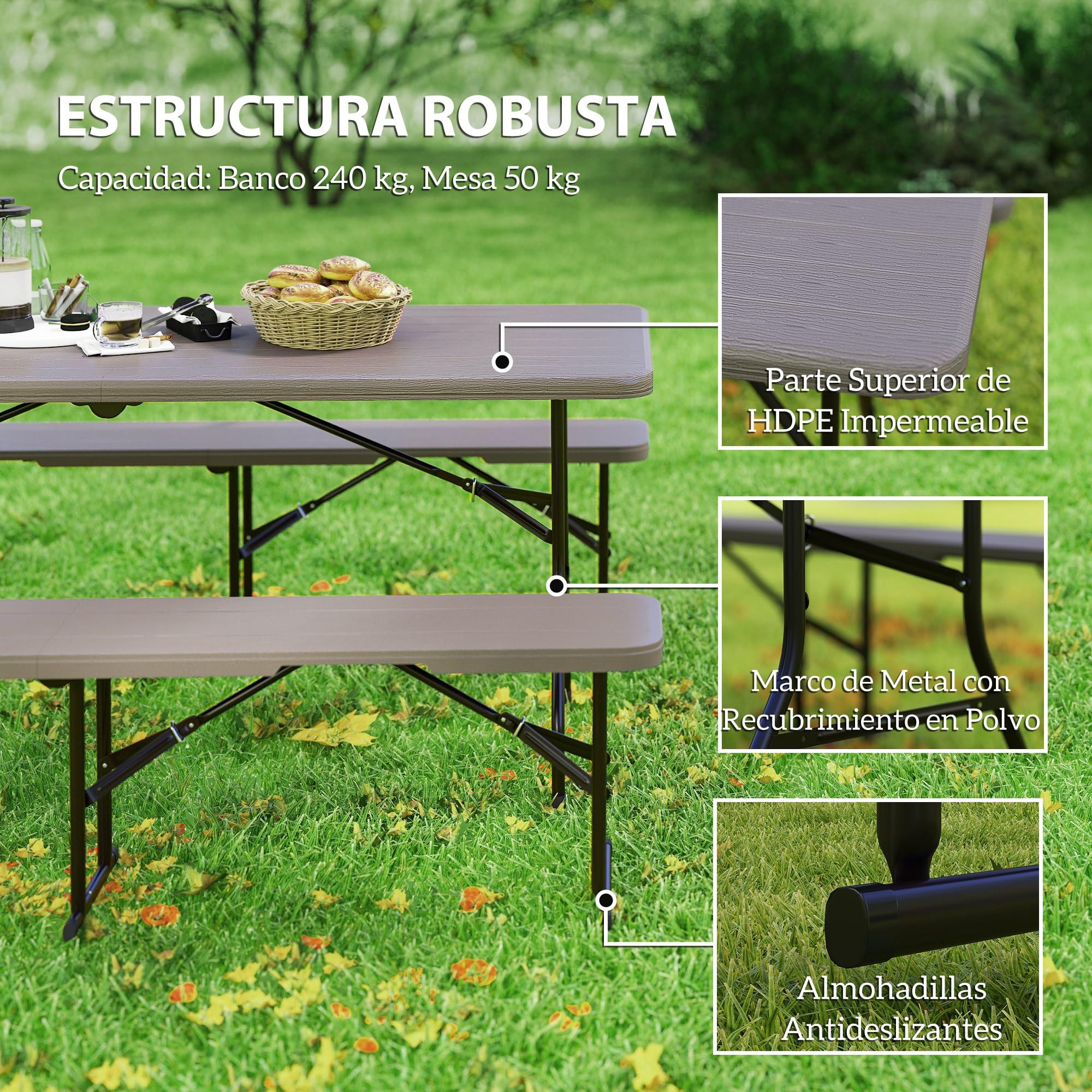 Outsunny Conjunto de Camping Plegable de 3 Piezas Mesa Plegable Camping con Bancos Incluye 1 Mesa 180x74x74 cm y 2 Bancos Efecto Madera Impermeable para Acampadas Jardín Pícnic Marrón