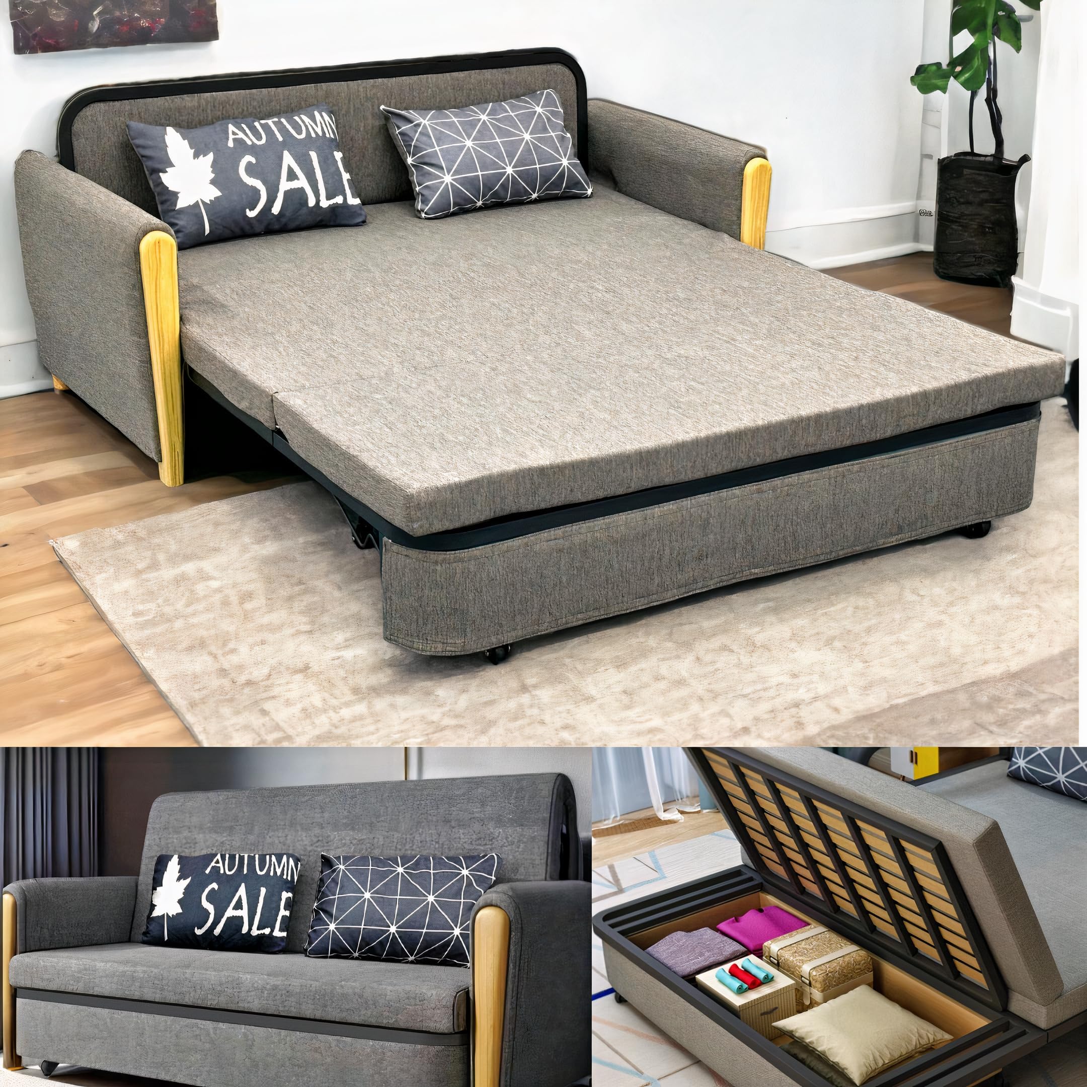 Sofabed Modern Reclining Foldable Bed Pull Out Sofa Bed With Storage for Living Room Space Saving Sofabed Multifunctional in Made to Match Cushions (Grey Black Padded Armrests)