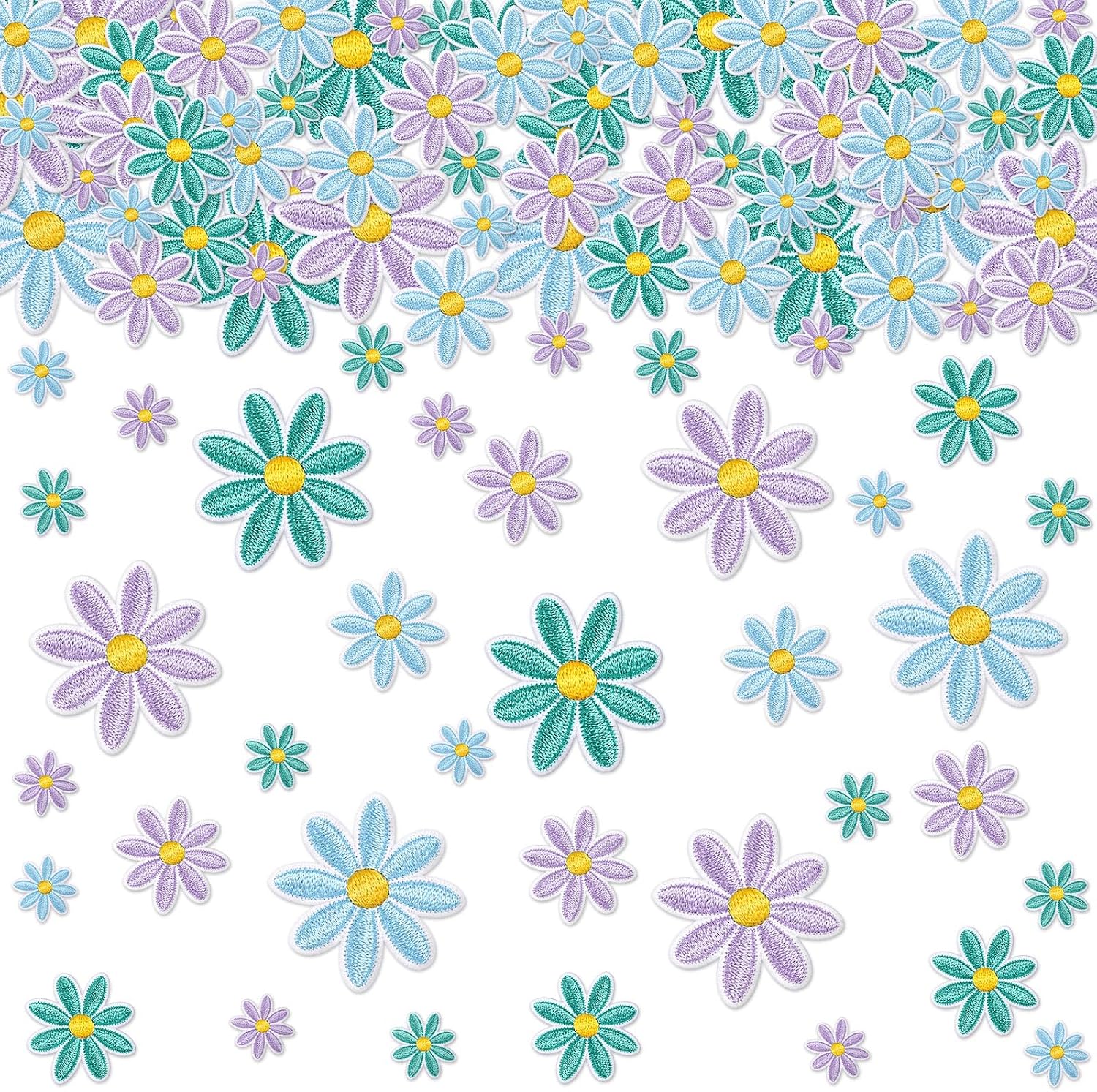 Lyrow 60 Pcs 3 Sizes Daisy Flower Iron on Patches Cute Colorful Flower Embroidered Sew on Applique Patches for Bags Hats Backpacks Shoes T-Shirt Clothes DIY Accessories (Blue, Purple, Green)