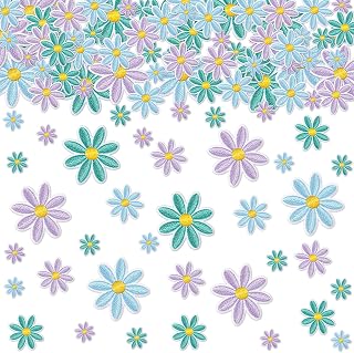 Lyrow 60 Pcs 3 Sizes Daisy Flower Iron on Patches Cute Colorful Flower Embroidered Sew on Applique Patches for Bags Hats Backpacks Shoes T-Shirt Clothes DIY Accessories (Blue, Purple, Green)