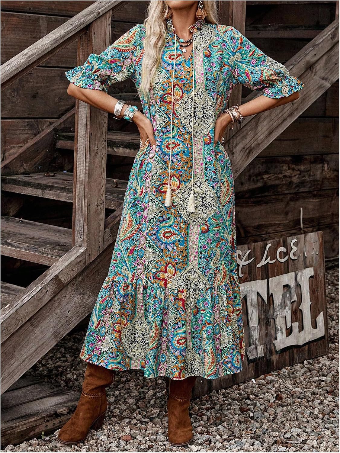 GORGLITTER Women's Western Cowgirl Country Maxi Dresses Outfit Summer Bohemian Boho 3/4 Sleeve Paisley Vintage Sundress