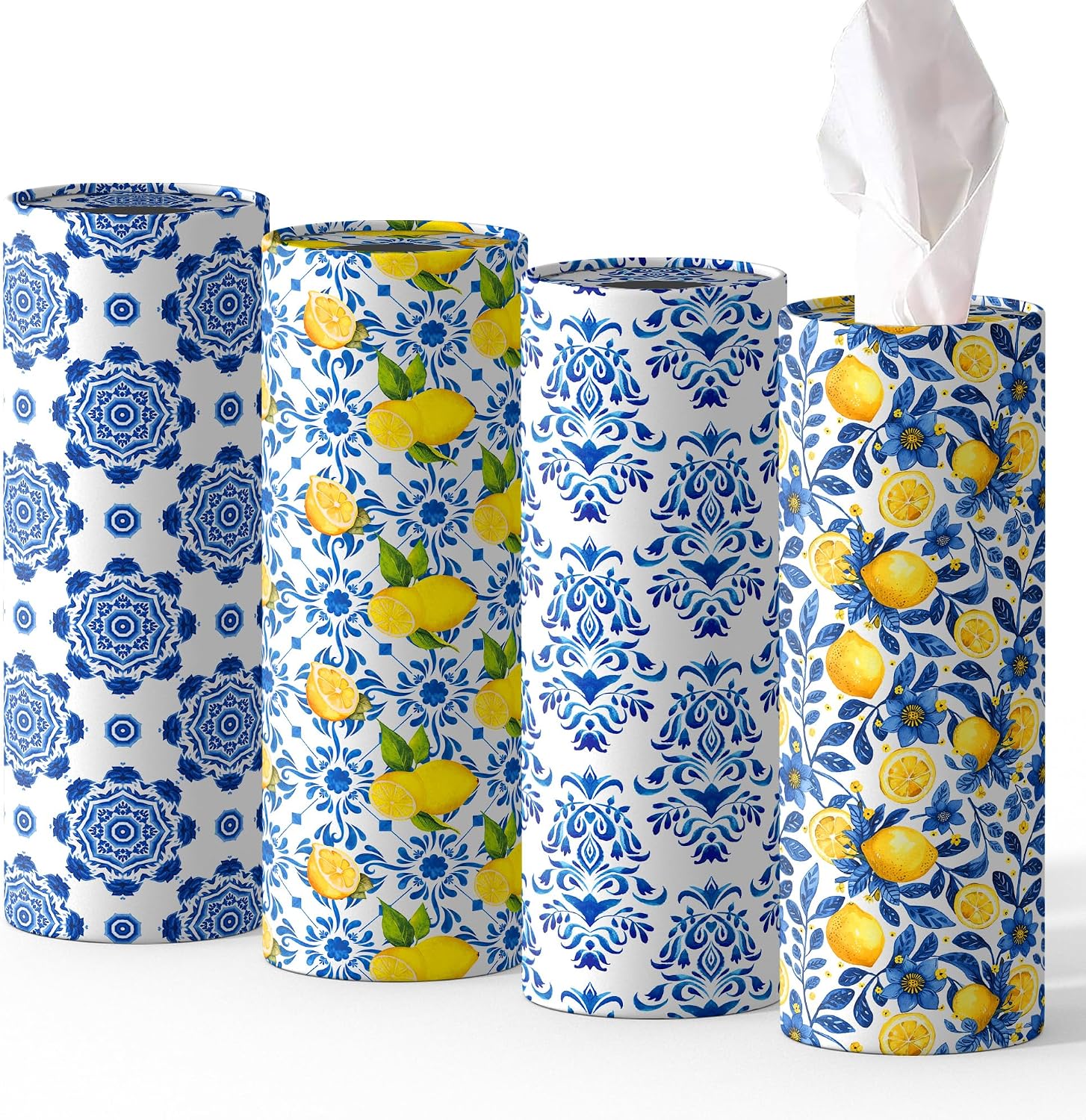 4 Pcs Capri Lemon Round Tissues Box Car Holder Set - Blue & White Mediterranean Lemon Travel Tubes for Car with 50 Sheets Cylinder Face Towel Containers | 2.7" x 7.1" Cup Holder Fit, 4 Unique Designs