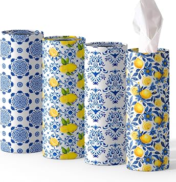 4 Pcs Capri Lemon Round Tissues Box Car Holder Set - Blue & White Mediterranean Lemon Travel Tubes for Car with 50 Sheets Cylinder Face Towel Containers | 2.7" x 7.1" Cup Holder Fit, 4 Unique Designs