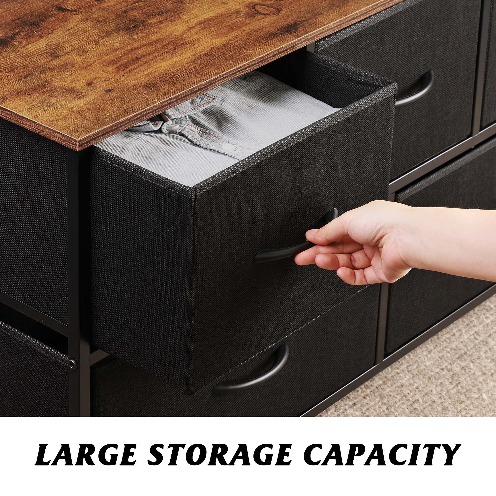 WLIVE Dresser for Bedroom with 5 Drawers, Wide Chest of Drawers, Fabric Dresser, Storage Organizer Unit with Fabric Bins for Closet, Living Room, Hallway, Nursery, Black and Wood Grain Print