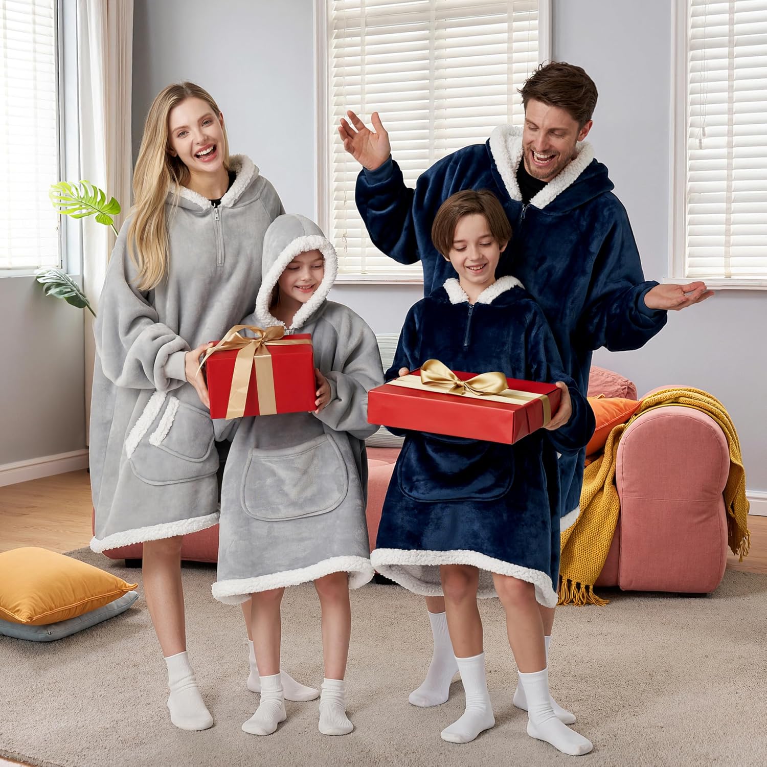 Giggling Getup Wearable Blanket Hoodie for Girls and Boys Sherpa Fleece Hooded Blanket Sweatshirt Warm Cozy Sherpa Wearable Throw Oversized Hoodie with Giant Pocket & Sleeves for Kids Navy