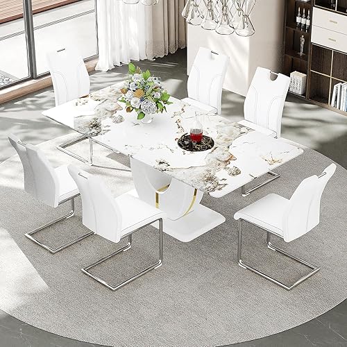 Miniatura 24 de Juego de mesa de comedor de lujo de 71 pulgadas para 6, moderno juego de mesa de comedor de mármol sintético con parte superior de vidrio templado,