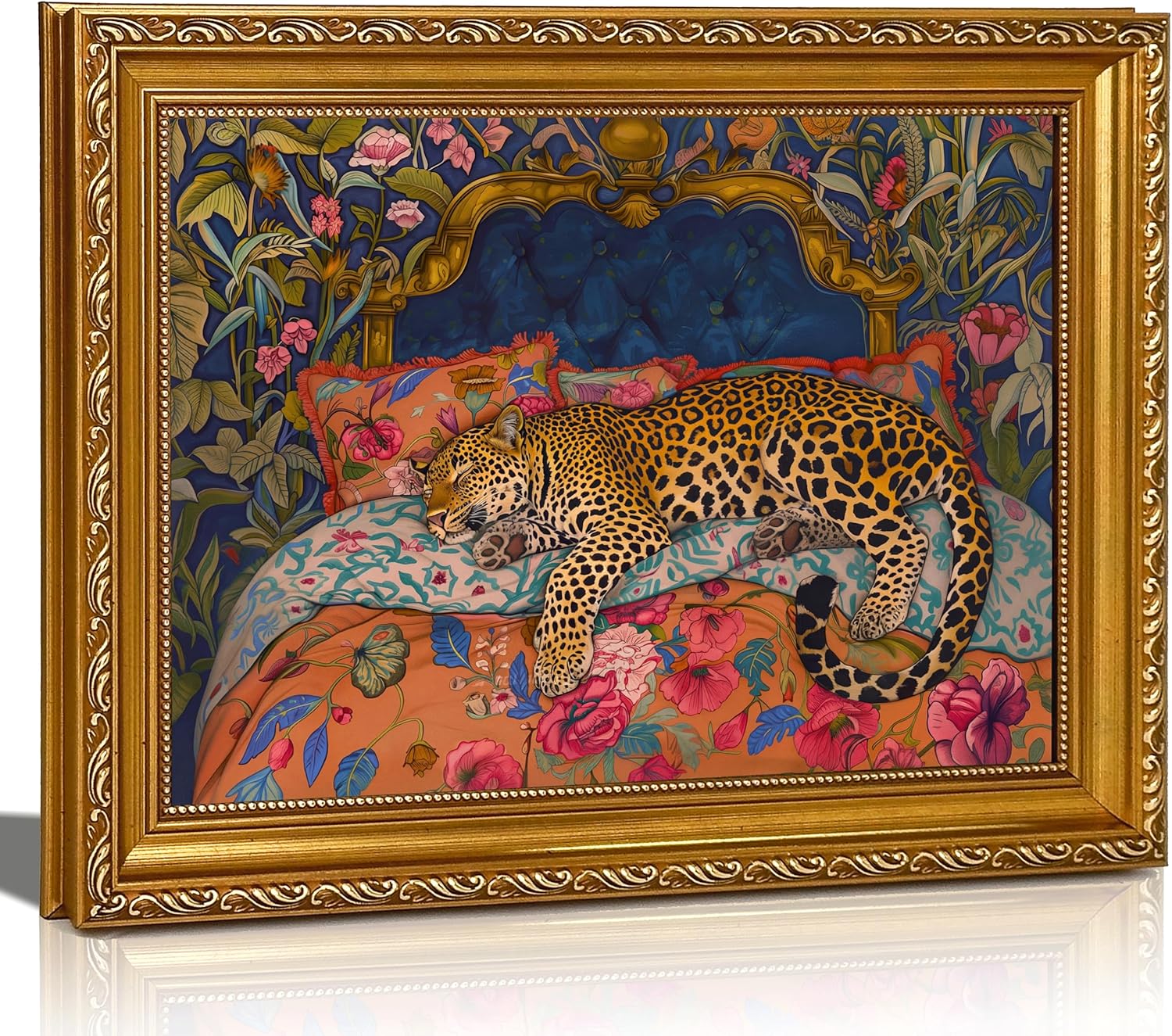 Gold Framed Sleeping Leopard Canvas Wall Art Luxury Jungle Colorful Cheetah Animal Wall Decor Retro Maximalist Tropical Floral Fashion Pink Dopamine picture for Bedroom living room Home Decor 12x16in