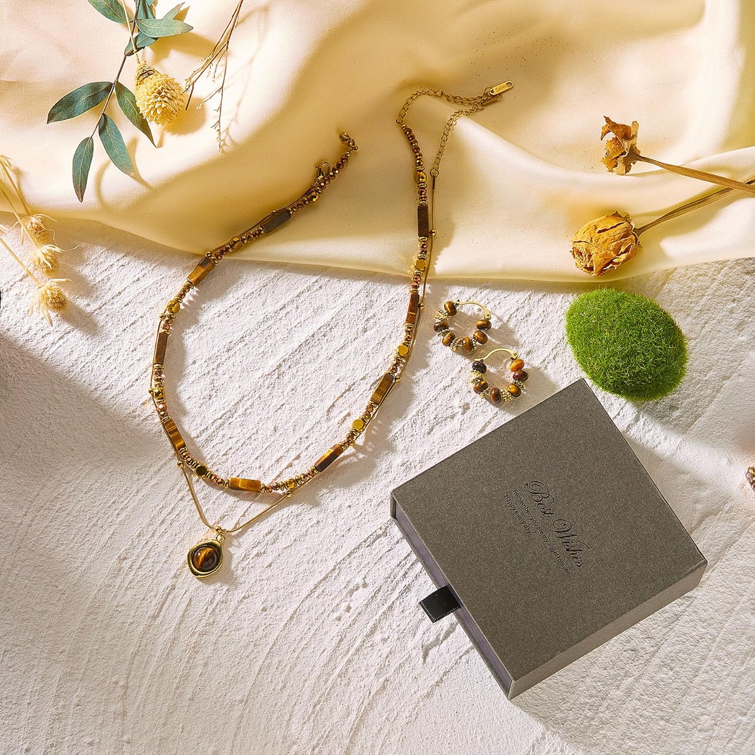 RINHOO FRIENDSHIP 18k Gold Plated Tiger Eye Necklace Earrings Set - Adjustable Layered Chunky Brown Vintage Statement Spiritual Jewelry for Women Prom Fashion Daily Gift - Image 7